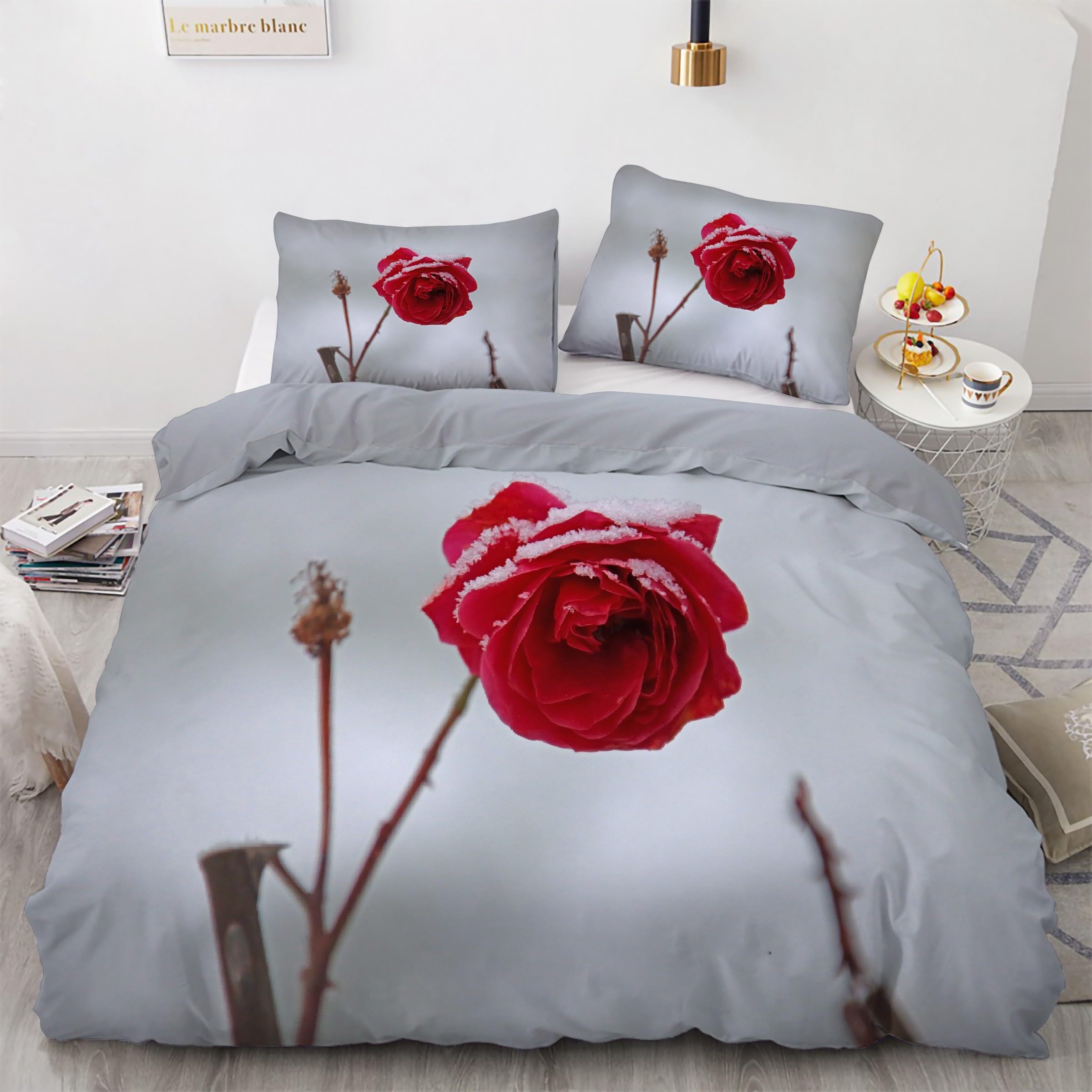 Housse de couette 200x200 rouge parure de lit fleur rose ensemble de literie 3 pièces
