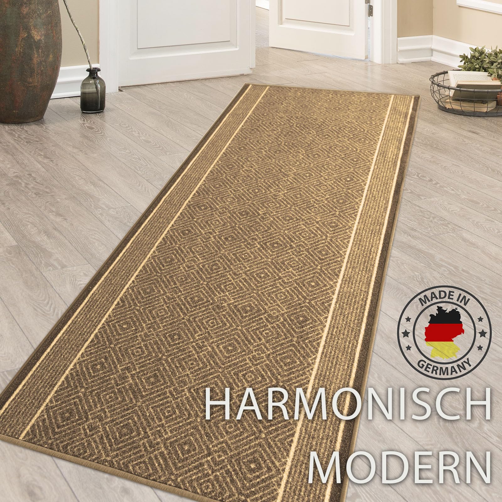 KARAT Premium Teppichläufer mit Muster - 80 x 500 cm, Beige - Modernes Rauten-Design - Teppich - Läufer für Küche, Flur & Wohnraum - Flurläufer Küchenläufer Flurteppich (Olymp)