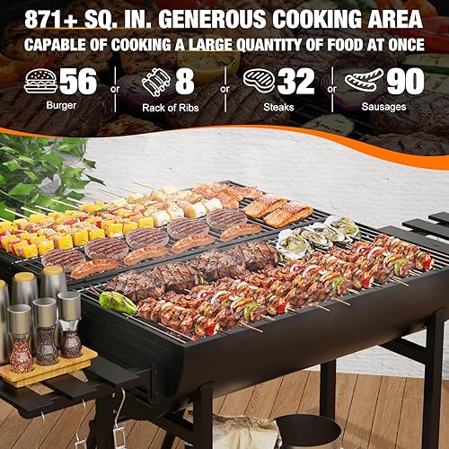 Miniatura 3 de Parrilla de barbacoa de carbón extragrande, 871 pulgadas cuadradas, espacio de cocción, parrilla de barbacoa de barril al aire libre con 2 mesas