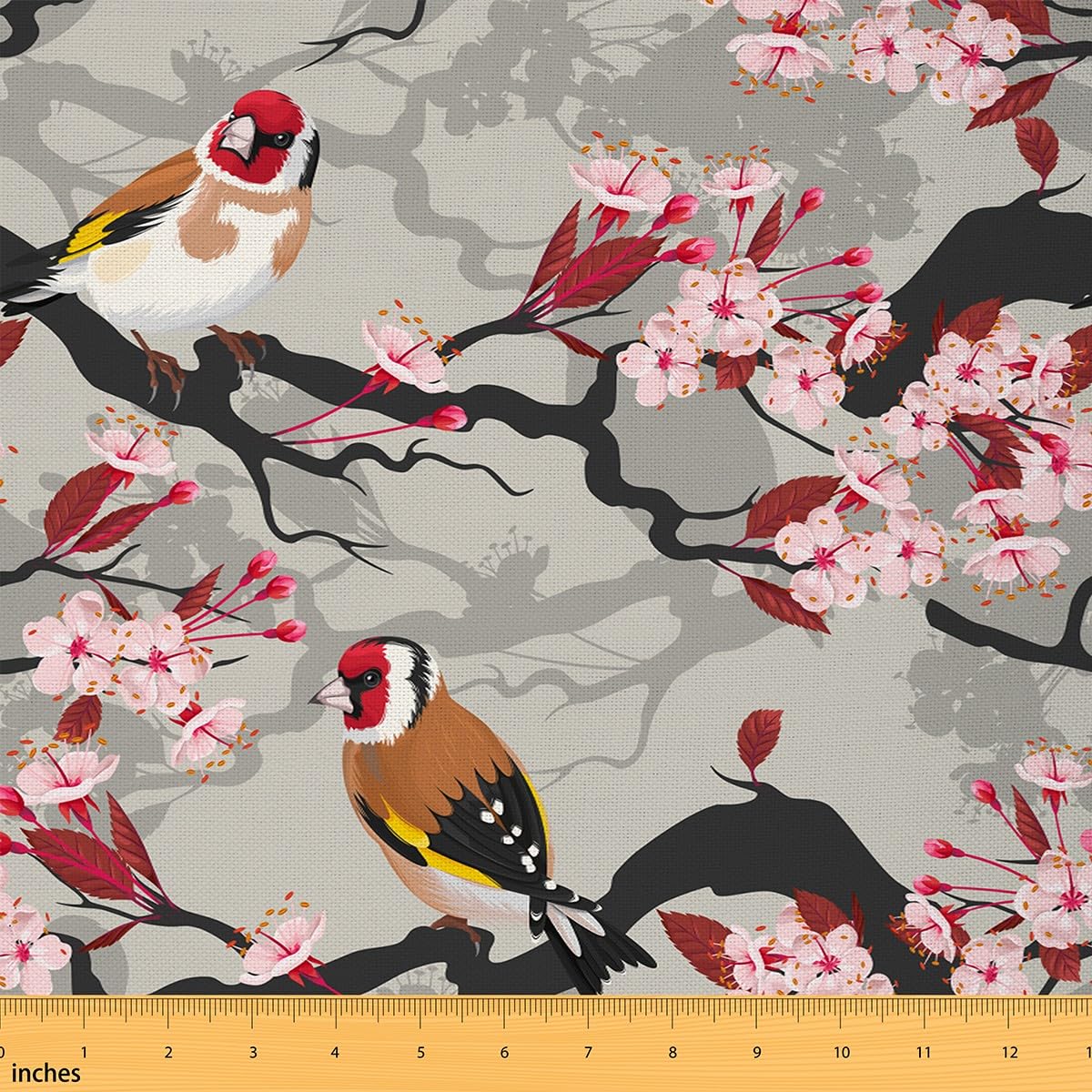 Watercolor Birds Fabric By The Yard,Exotic Jungle Birds Pink Cherry Blossom Waterproof Fabric,Botanical Flowers Leaves Branch Rustic Style,Farmhouse Style Indoor Outdoor,10Yards