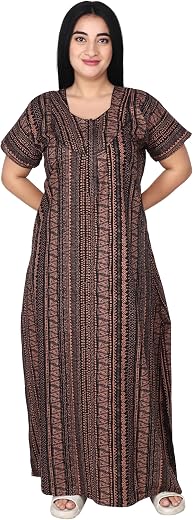 Loomician Women's Printed Cotton Floral Maxi Round Neck Full Length Nightwear Night Gown Nighty (Pack of 1, NW0384_B)