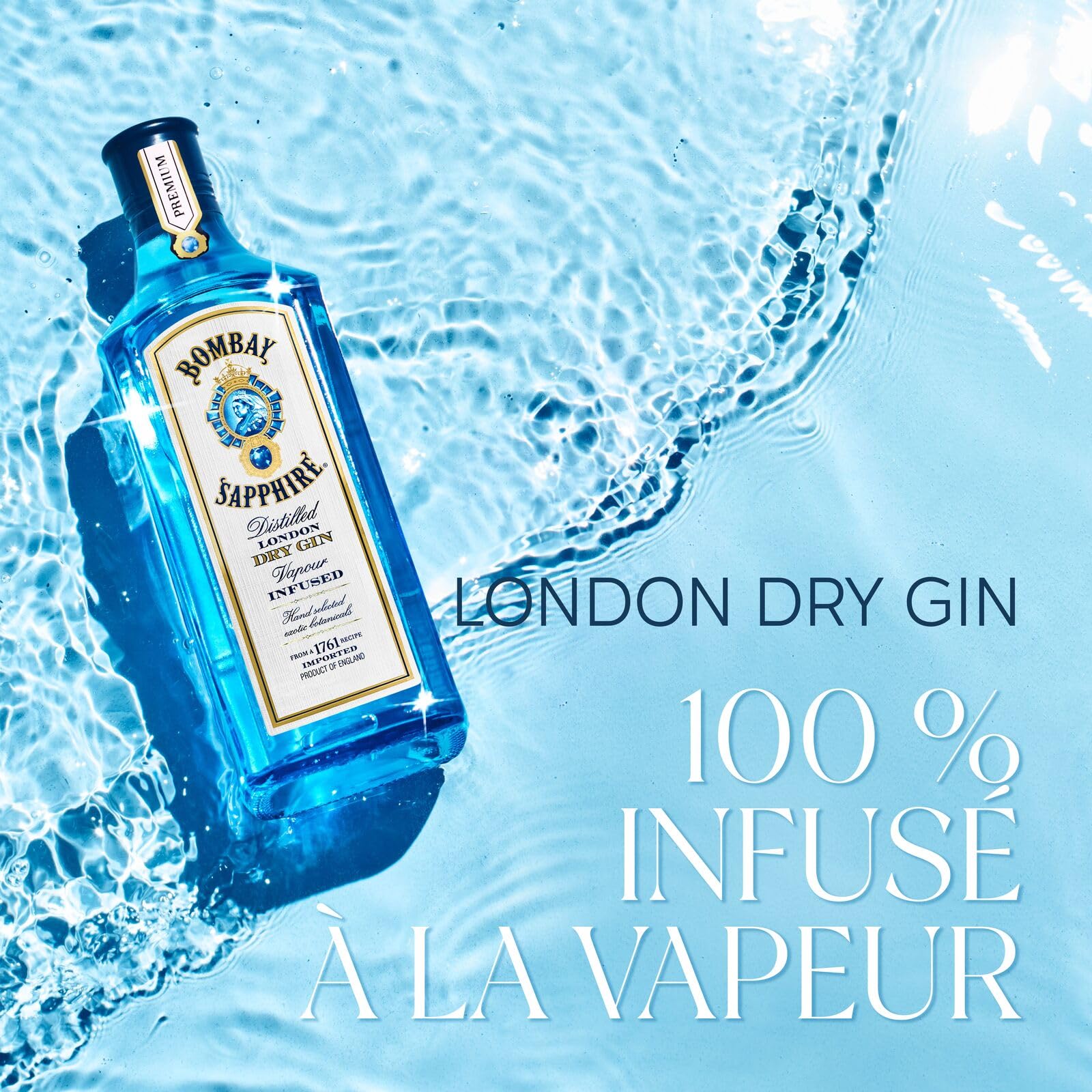 Bombay Sapphire London Dry Gin, 40 % vol., 70 cl / 700 ml, Un Spiritueux Infusé à la Vapeur, Élaboré à Partir de 10 Plantes Aromatiques Rigoureusement Sélectionnées à la Main
