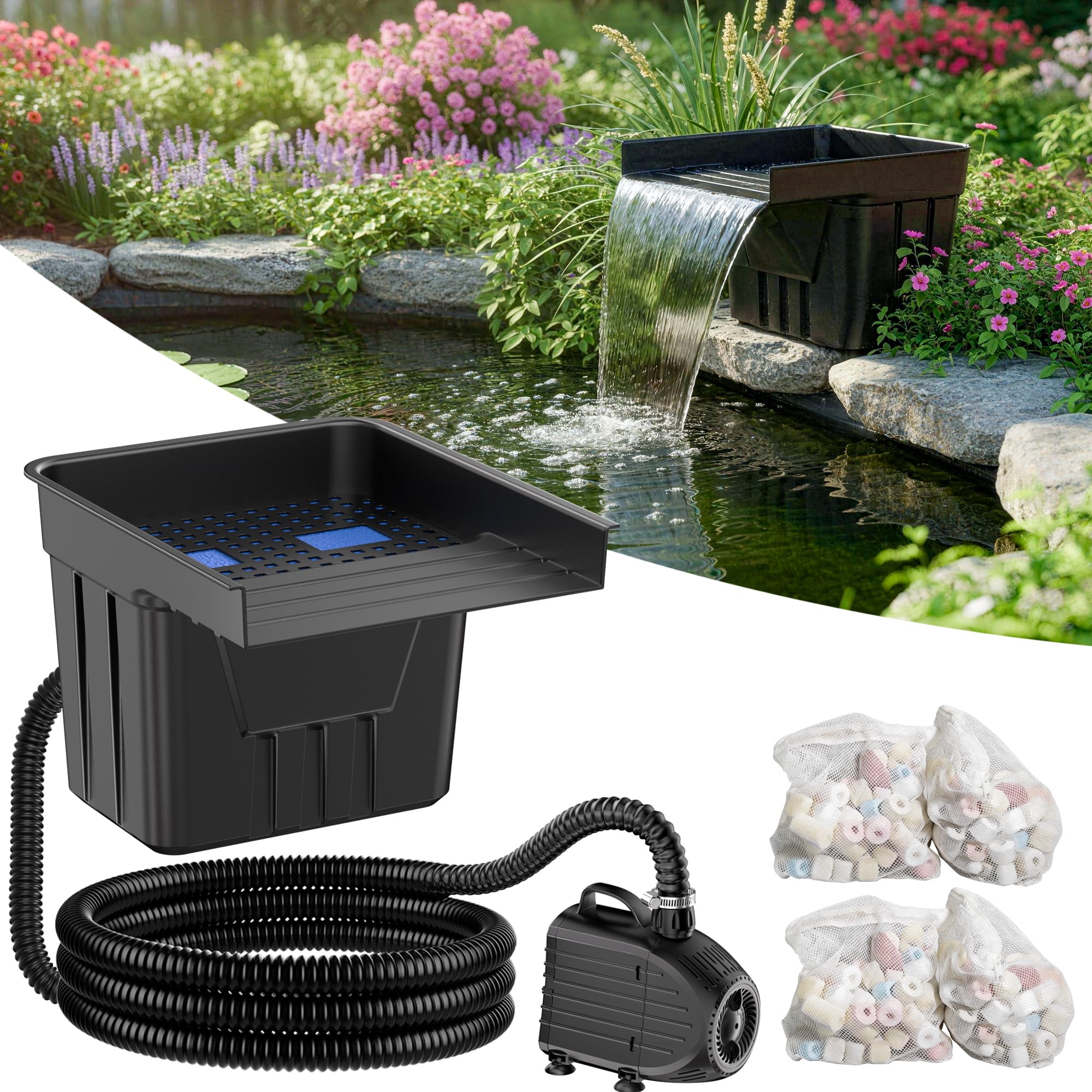 POPOSOAP Pond Waterfall with 4500 L/H Pond Pump, 3m Corrugated Tubing, Filter Media, Pond Waterfall Filter for Outdoor Garden Pond, Streams, Water Features