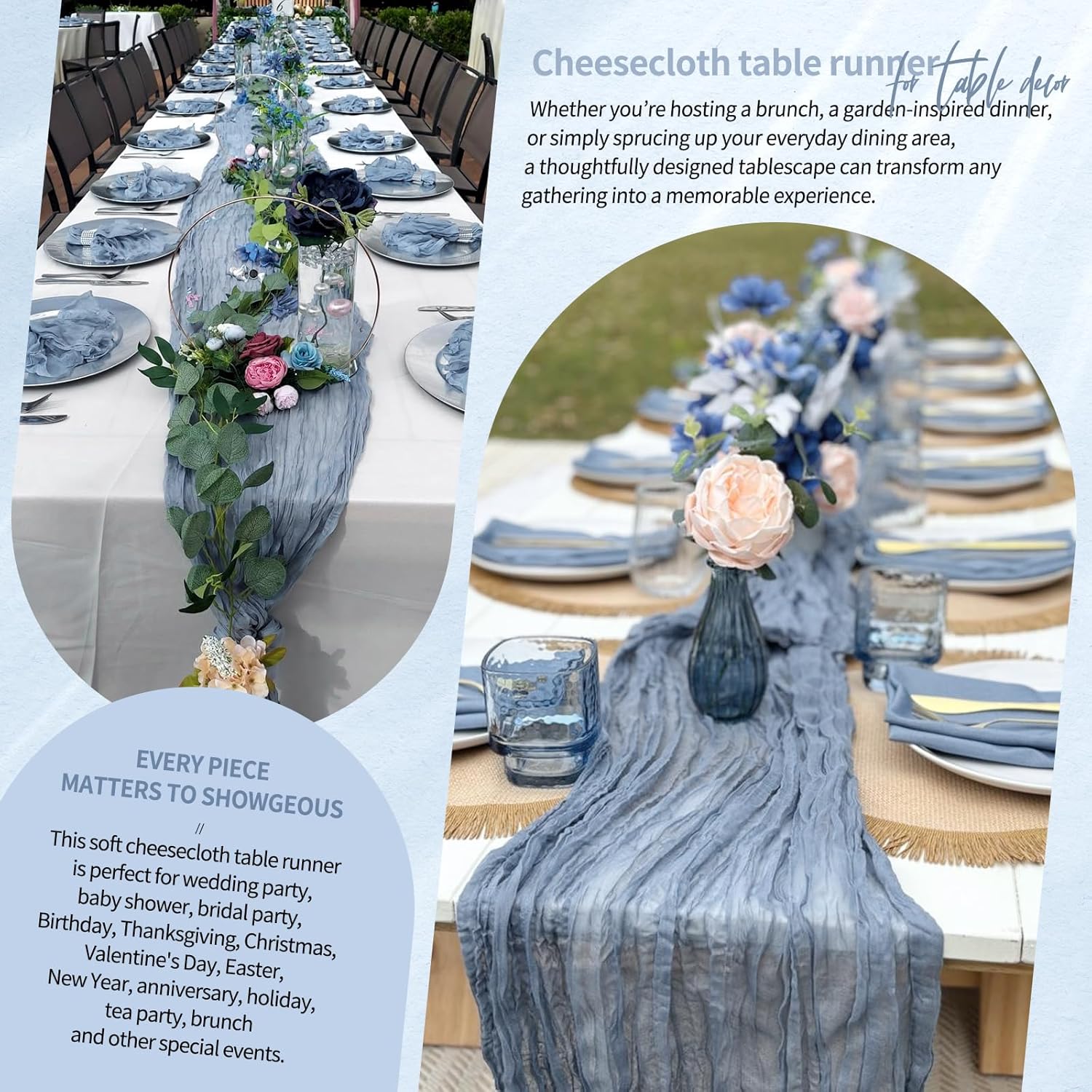 10 Pack Dusty Blue Cheesecloth Table Runner 10FT Boho Gauze Cheese Cloth Table Runners Romantic Rustic Sheer Table Decorations for Wedding Party Baby Shower Birthday Holiday Home