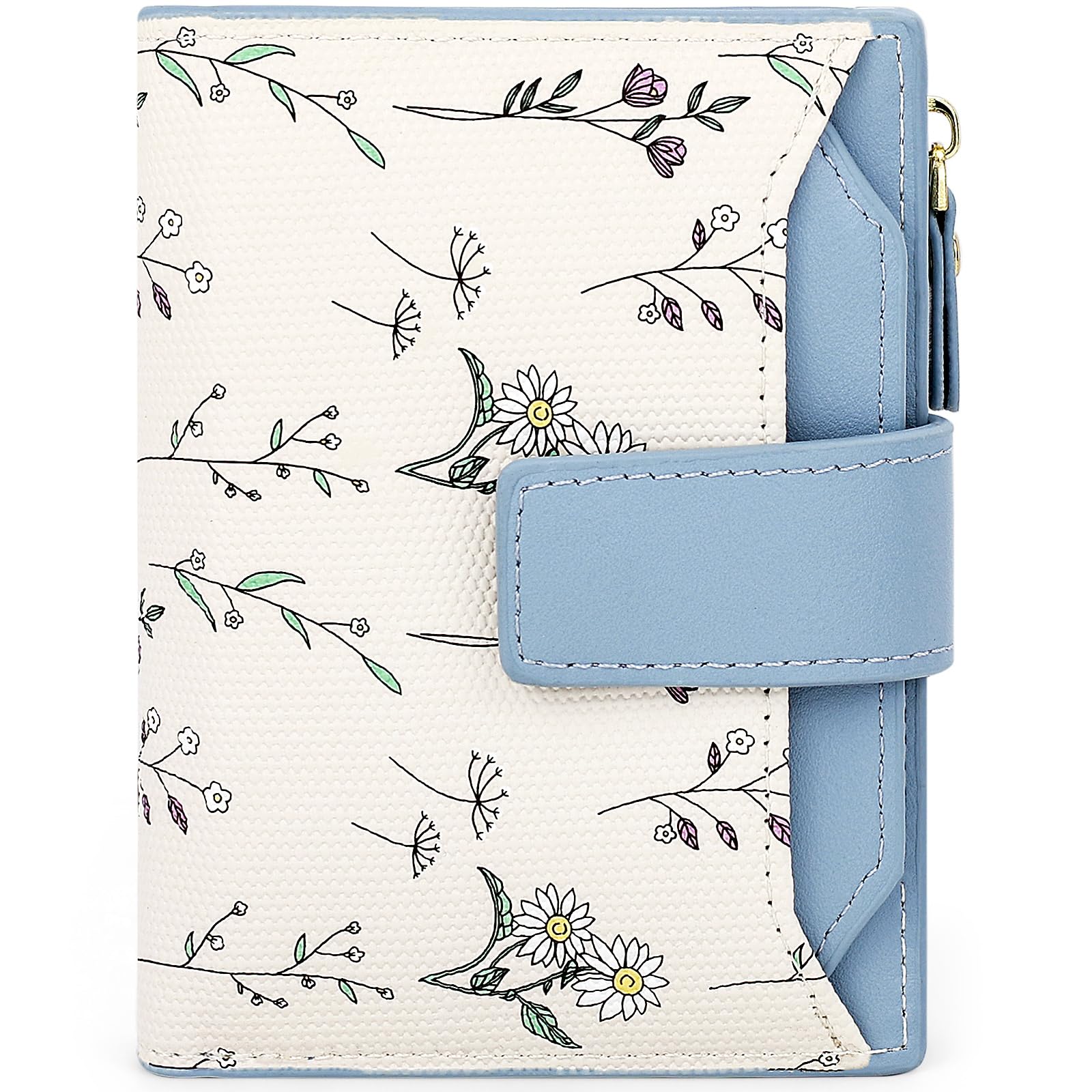 Farcauo Portemonnaie Damen Geldbeutel Frauen Portemonnaie Mini Geldbörsen Klein Damen mit Blau Blumen Design für Frauen Klein Portmonee mit Ausweisfach und Kartenhüllen