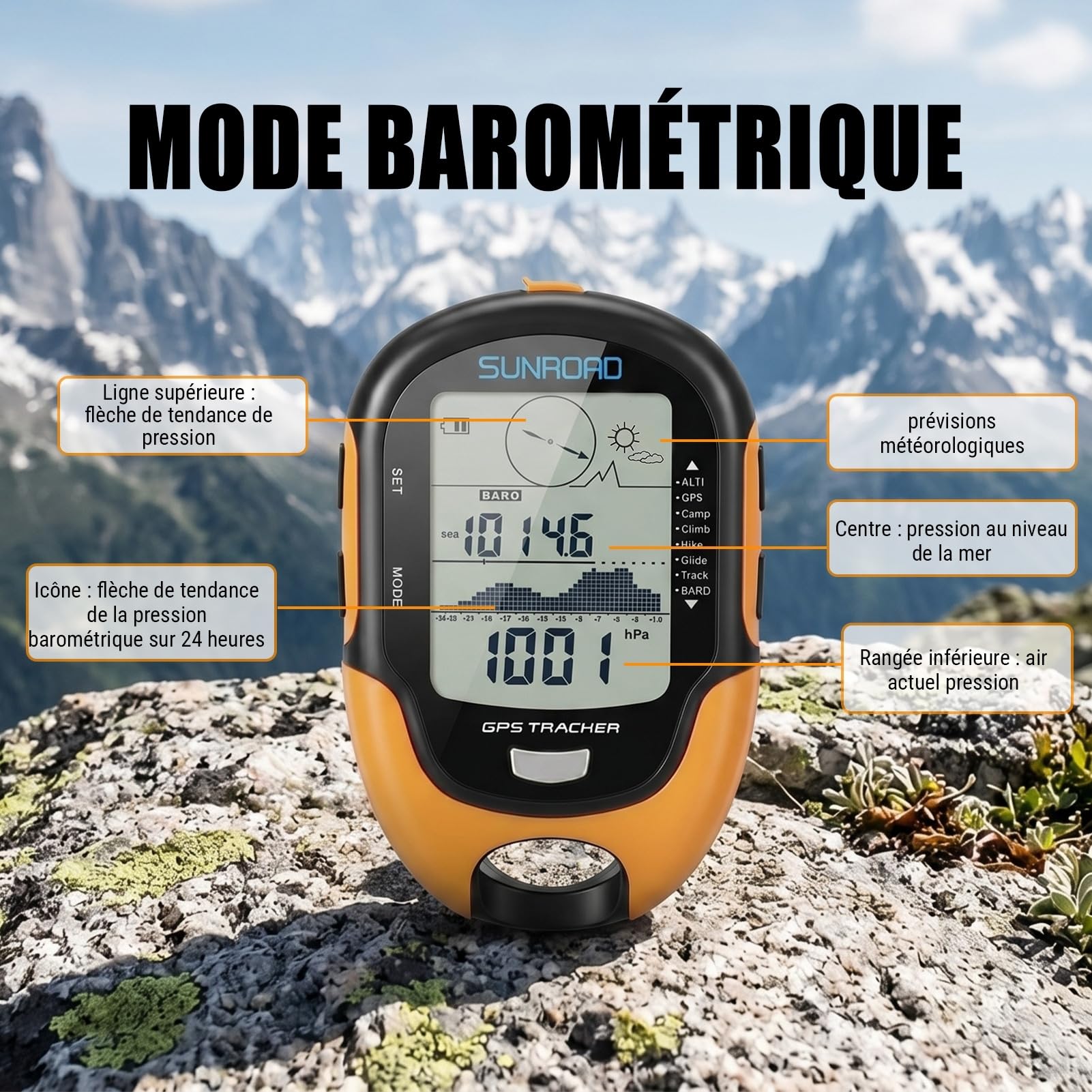 Altimètre Baromètre GPS, Appareil GPS Multifonctionnel Haute Précision avec Boussole, Thermomètre, Hygromètre, Prévisions Météo, Horloge, Date, Lampe de Poche LED, Réveil, Étanche IPX4