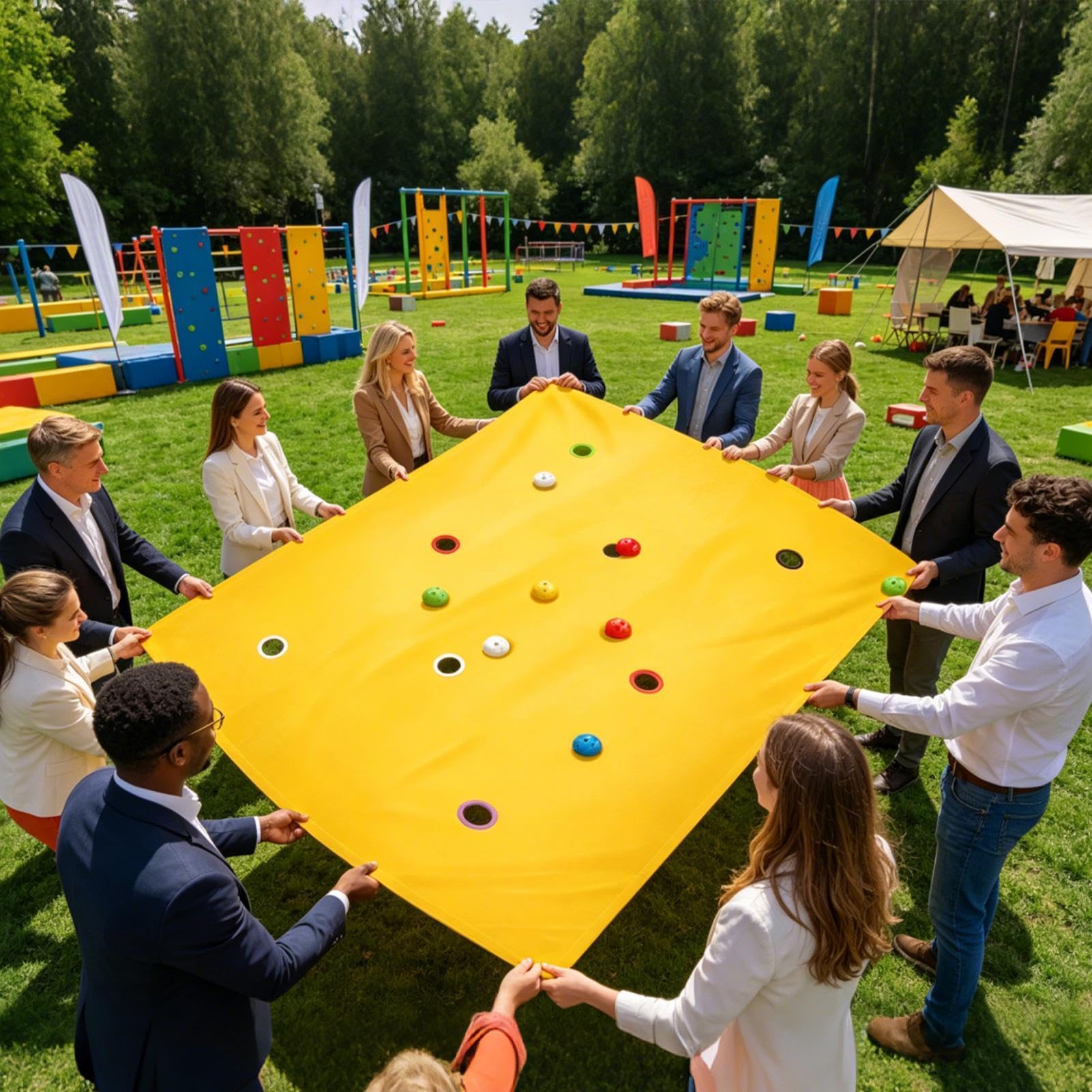Giochi di Team Building - Asciugamano con fori e 8 palline, giochi di gruppo, per riunioni di famiglia, feste, spiaggia, cortile, all'aperto, scuola, casa