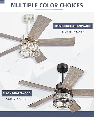 Miniatura 7 de YOUKAIN Ventilador de techo negro, ventilador de techo moderno de cristal de 48 pulgadas con luces y control remoto, 5 cuchillas reversibles con