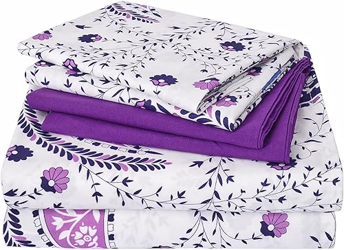 JSD Juego de sábanas de cachemira púrpura de 6 piezas, tamaño King, sábanas de microfibra suave estampada con 4 fundas de almohada con bolsillo