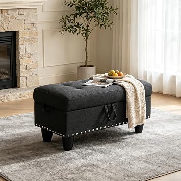 28" Tufted Fabric Storage Ottoman Bench with Hinged Lid, Large Ottoman Foot Rest Stool,Storage Bench with Bronze Rivets for Living Room Bedroom & Bed EndFlannel,Black