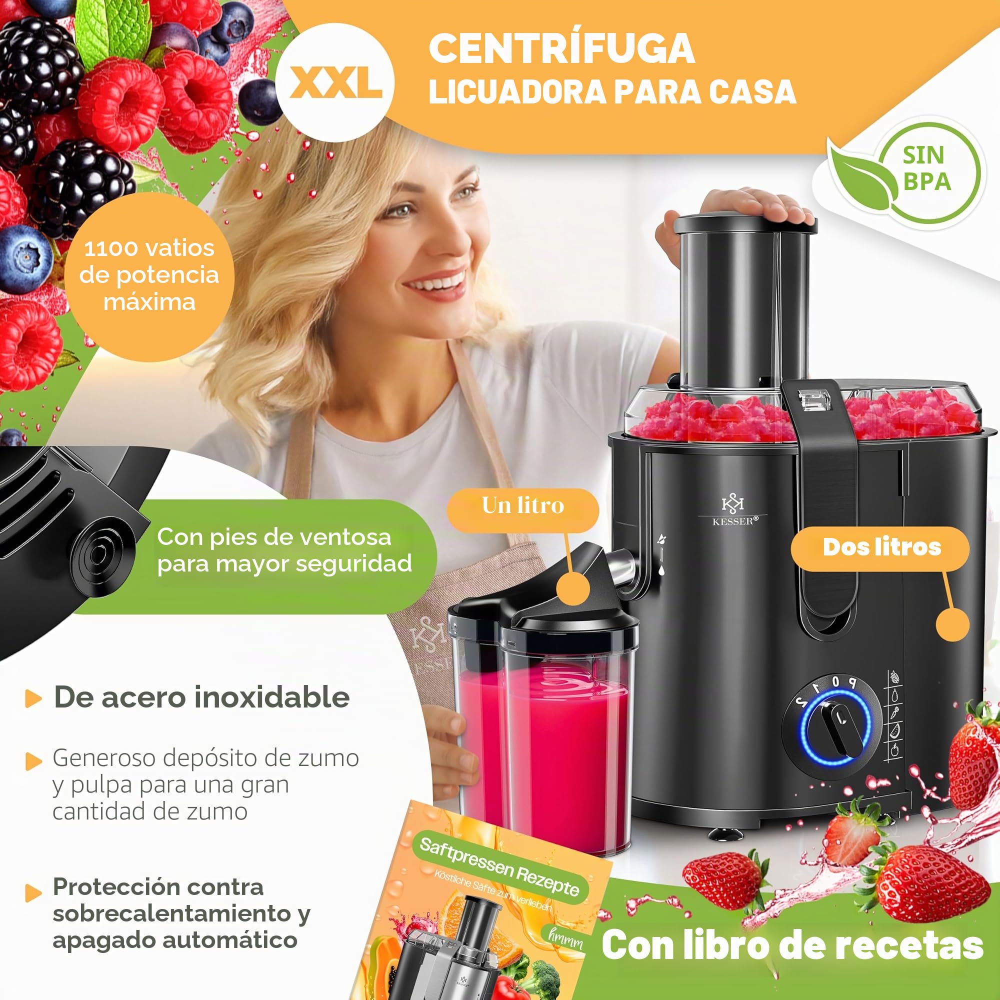 KESSER® Exprimidor para fruta y verdura, de acero inoxidable 1100W, 85 mm de abertura de llenado, incl. cepillo de limpieza y recipiente para zumo, 3 ajustes de velocidad, Exprimidor, Negro