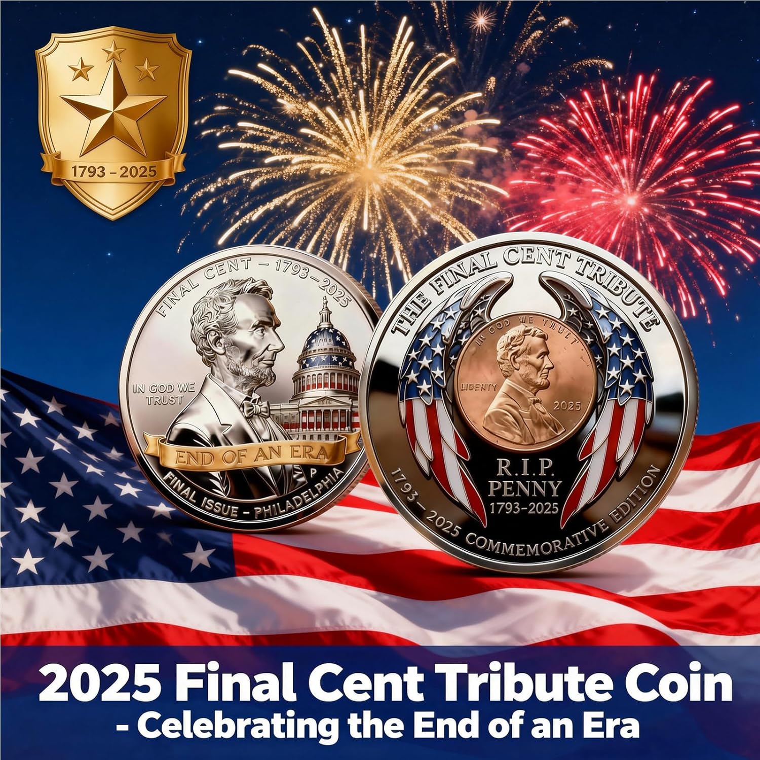 2025 Final Cent Tribute Coin – End of an Era Penny Commemorative Token, R.I.P Penny 1793–2025 Memorial Coin, American History Souvenir Gift, Double-Sided Challenge Coin(3PC)