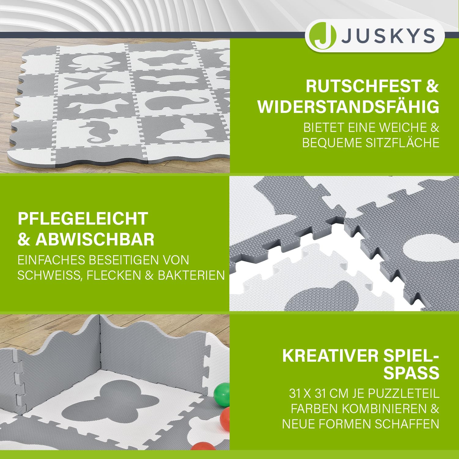 Juskys Kinder Puzzlematte Timon 36 Teile mit 16 Tieren in grau weiß - rutschfest & abwischbar Puzzle ab 10 Monate - Eva Schaumstoff - Spielmatte