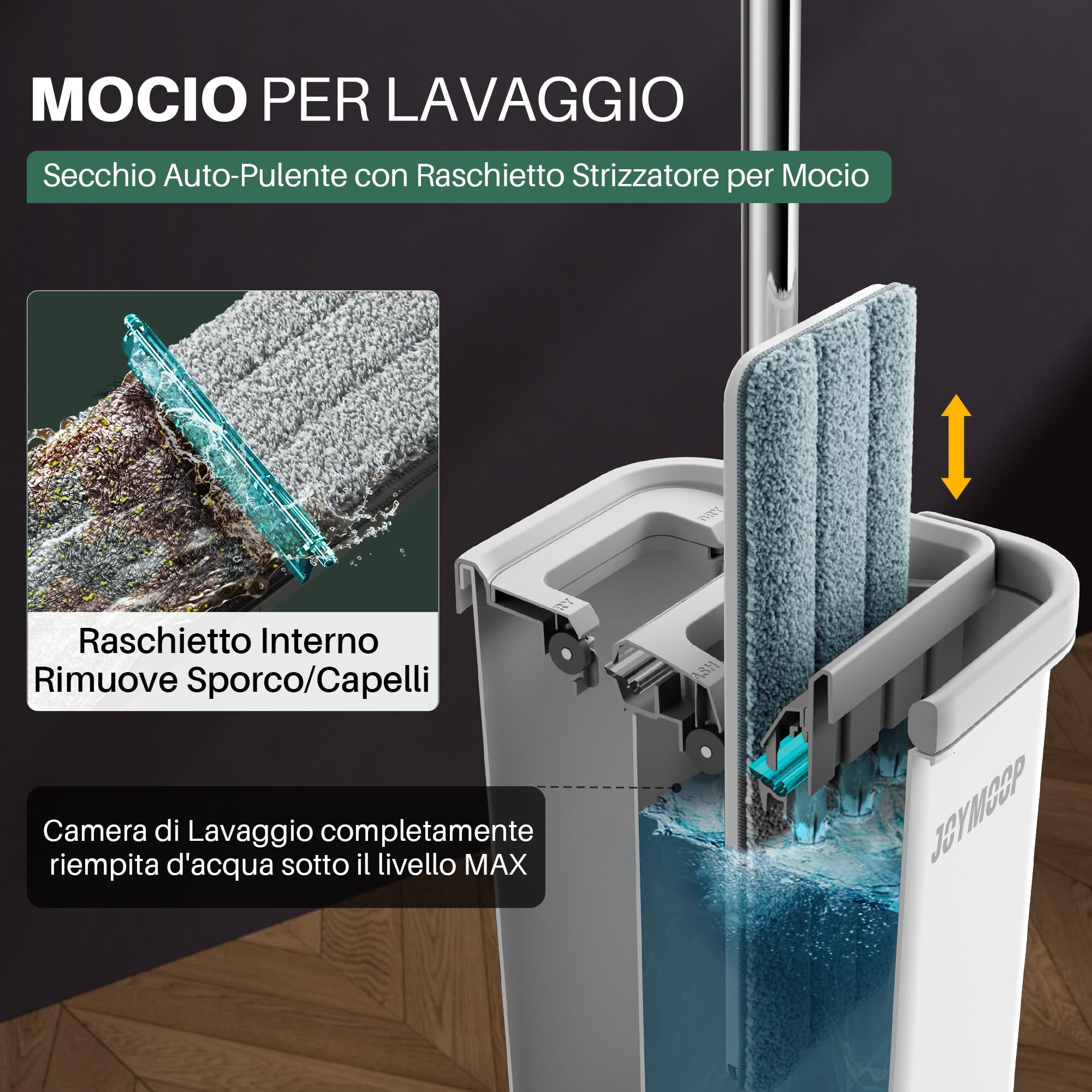 JOYMOOP mocio lavapavimenti e secchio con strizzatore, mocio piatto con 3 panni in microfibra lavabili, uso bagnato e asciutto mop lavapavimenti, sistema di pulizia del pavimenti