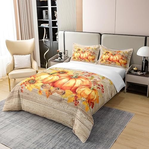 Miniatura 7 de Juego de funda de edredón de calabaza de otoño 100% algodón, juego de ropa de cama de cosecha de Acción de Gracias para niños, niñas, adolescentes,