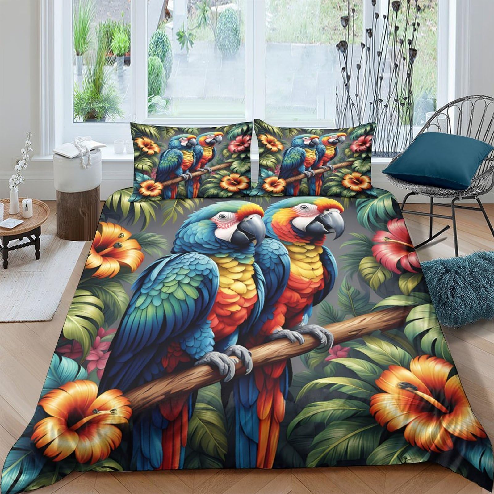 Ctjqhvkz Style-10 3D Printed Macaw Parrot Fitted Sheet Microfiber Tropical Flowers Mattress Cover For Bedroom Dorm Room Decor Single（135X200cm）