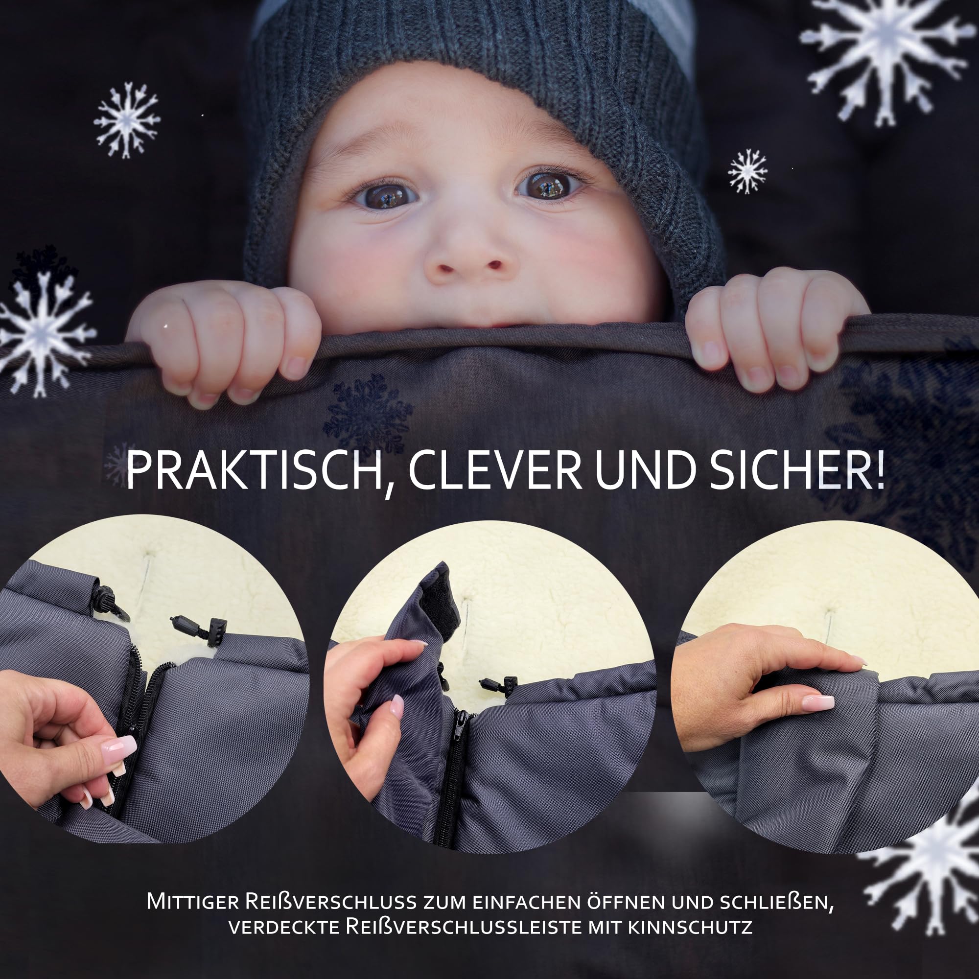 BambiniWelt by Rafael K. Winterfußsack – universaler Fußsack für Kinderwagen, Buggy & Schlitten in Mumienform – Lammwolle, größenverstellbar (90–110 cm), warm, waschbar & windabweisend (schwarz)