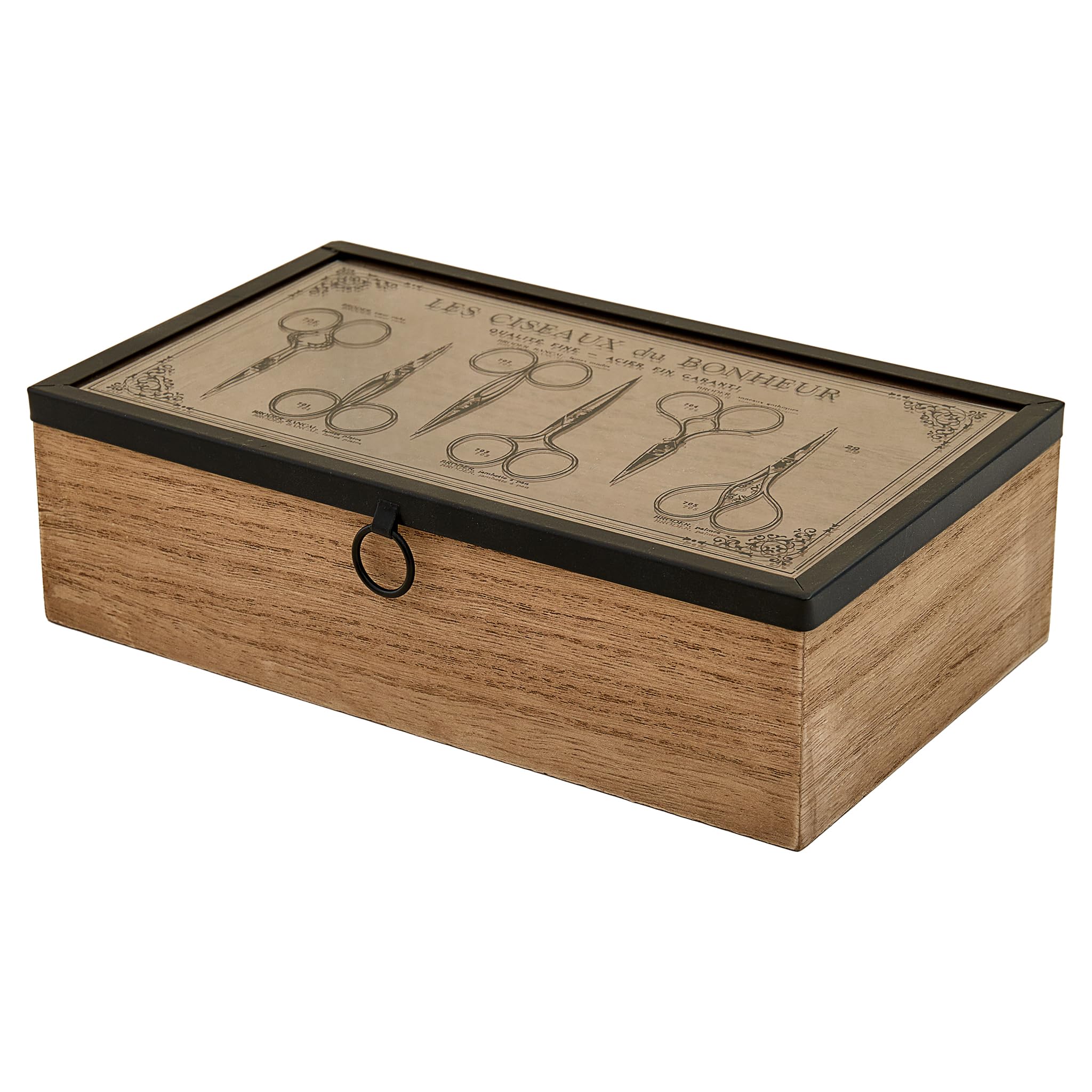 Trimits Wooden Sewing Box 24 x 14 x 7cm - Sewing Kit Box Craft and Jewellery Organiser with Clear Acrylic Lid and Vintage Scissor Design