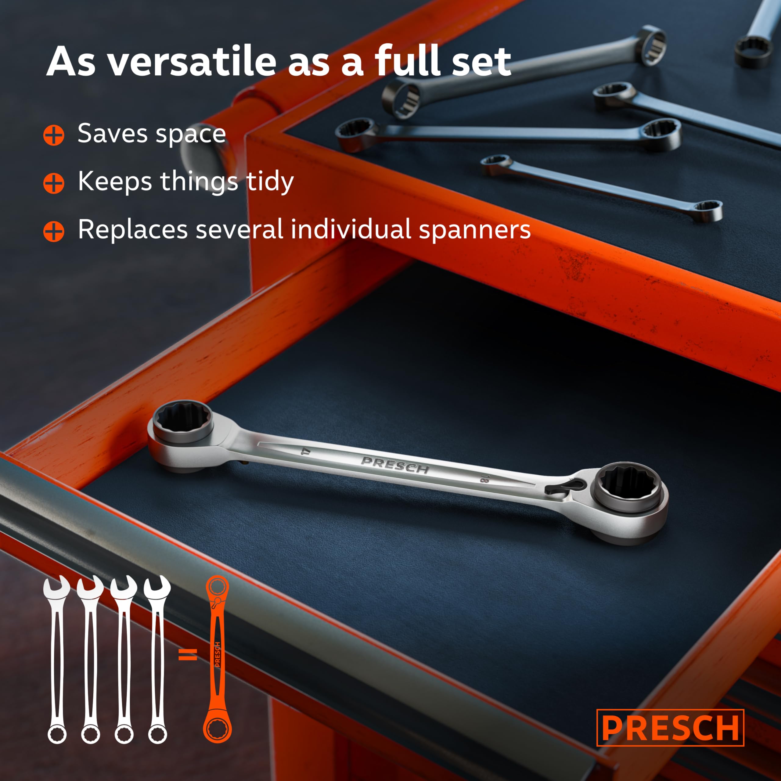 PRESCH Double Ratchet Spanner 4-in-1 (16mm/17mm & 18mm/19mm), Reversible Ratchet Function, with 90 Teeth & 4° Return Angle - Image 3