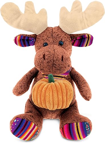 DolliBu Peluche de alce marrón sentado con decoración de calabaza y personalización del nombre, animal de peluche de calabaza para otoño, Halloween