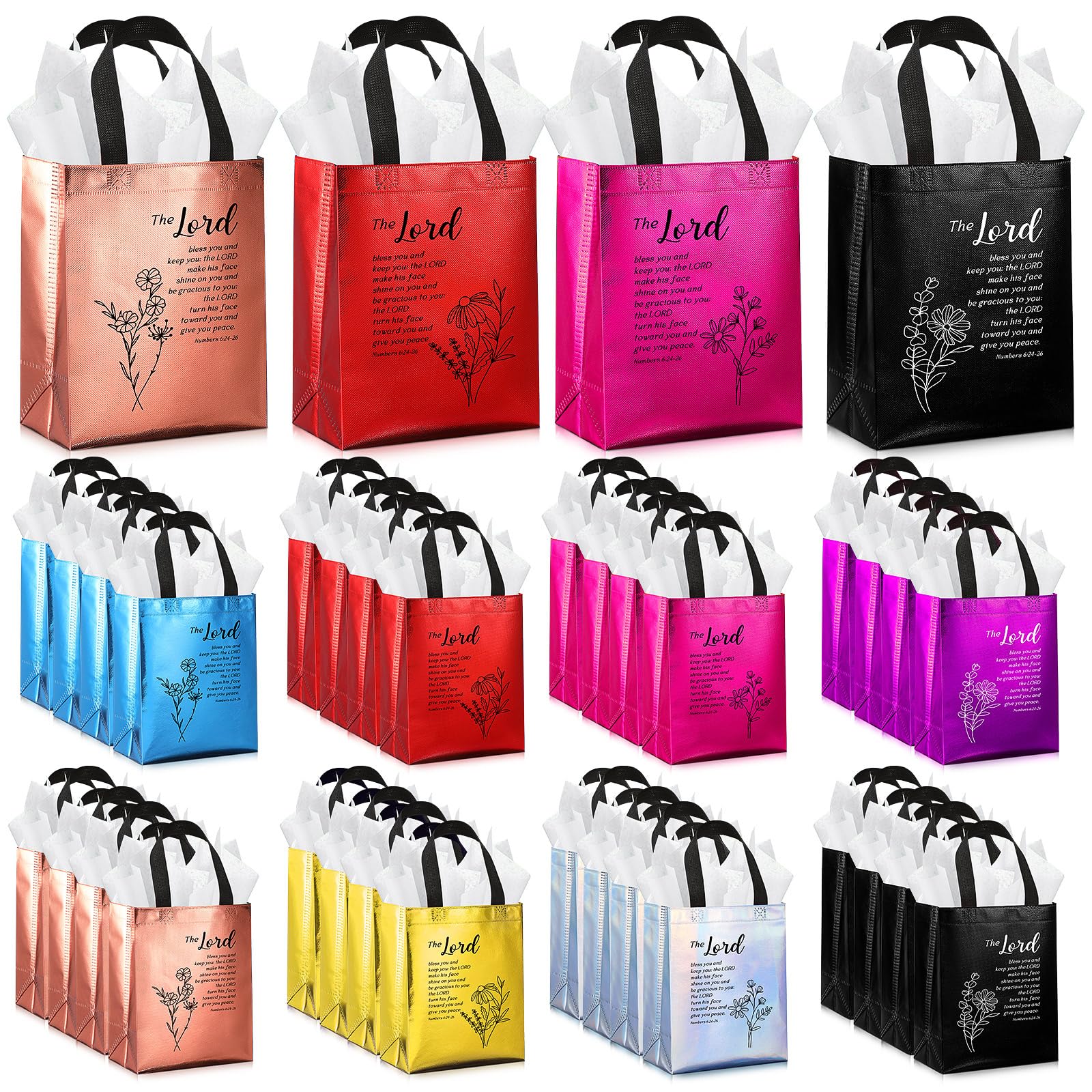 Sweetude 25 Set Christian Gifts Bags with Tissue Paper, Floral Bible Verse Totes for Mothers Day, Reusable Non-woven Religious Gift Bags with Handles