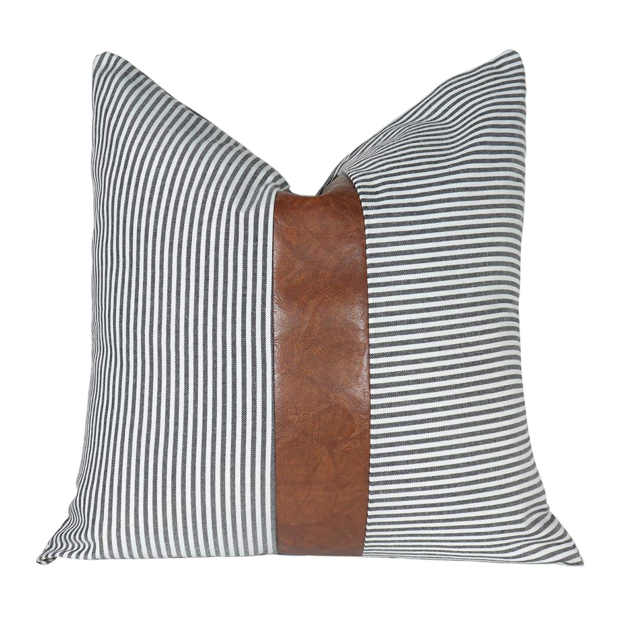 Kiuree Farmhouse Decorative Throw Pillow Covers 18x18 inch Cute Faux Stripe Leather Accent Pillow for Couch Boho Modern Decor Pillow (Black)