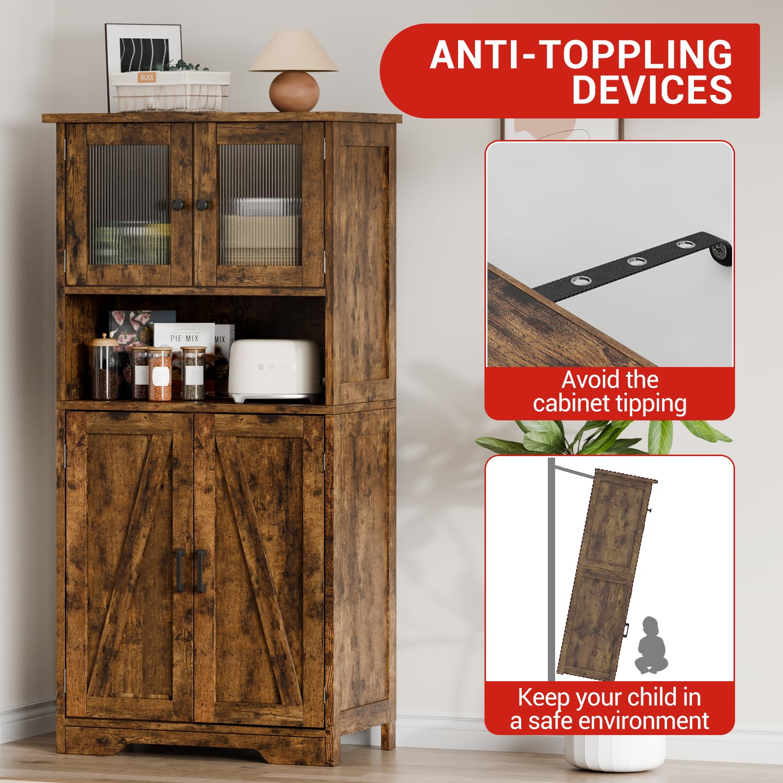 Zstar 50.4" Gabinete De Almacenamiento Grande De MDF con 4 Puertas y 1 Compartimento Abierto, 2 Puertas De Vidrio, Estantes Ajustables para Cocina, Dormitorio, Sala o Pasillos, Marrón.