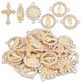 30pcs Golden Alloy Mixed Rhinestone Religious Cross and Center Miraculous Medal Charms Our Lady Virgin Mary Jesus Pendant Links for DIY Rosary Beads Necklace Jewelry Making&comma; 6 Styles