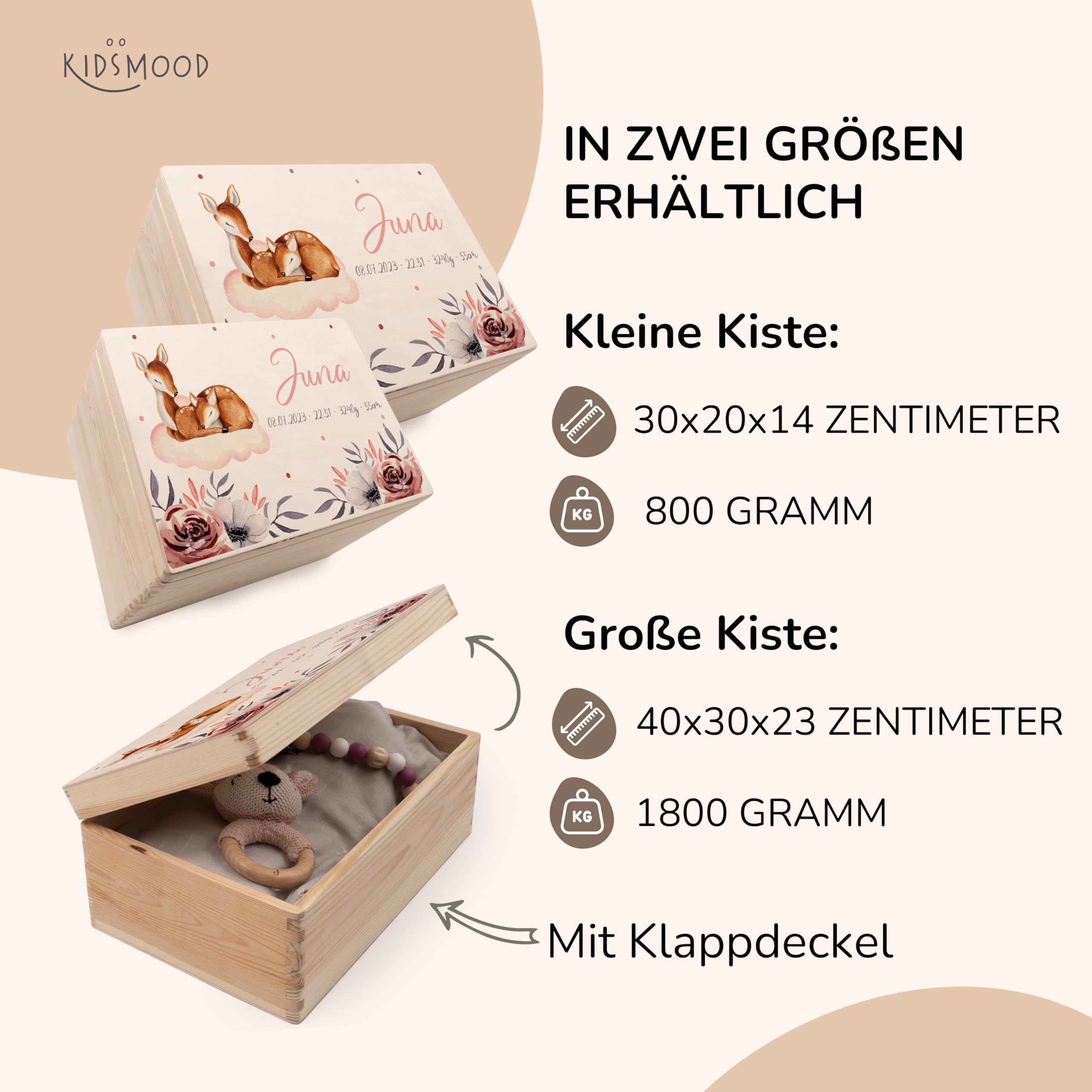 KIDSMOOD - Erinnerungsbox Baby, personalisierte Holzkiste mit Deckel, Ideal zur Aufbewahrung von Erinnerungen und als Geschenk zur Geburt, Taufe oder als Geburtstagsgeschenk für Mädchen und Jungen