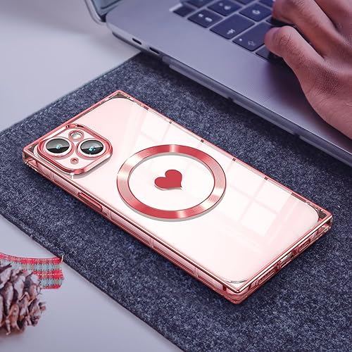 Miniatura 6 de Funda magnética cuadrada para iPhone 15 Plus compatible con MagSafe protección completa de la lente, patrón de corazón lindo y cubierta brillante