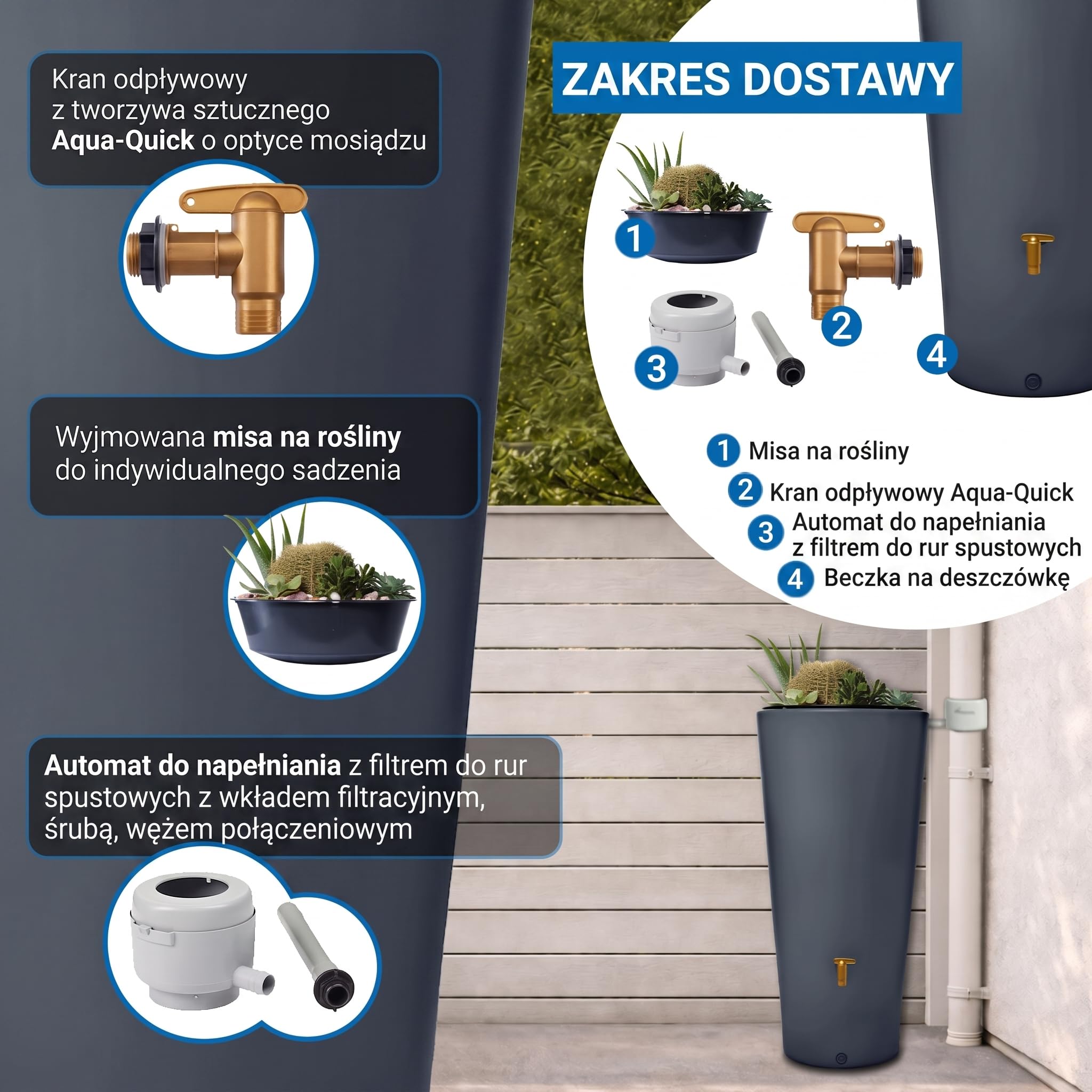 4rain VASO 2w1 zbiornik na deszczówkę 220 l, graphite grey, z kranem