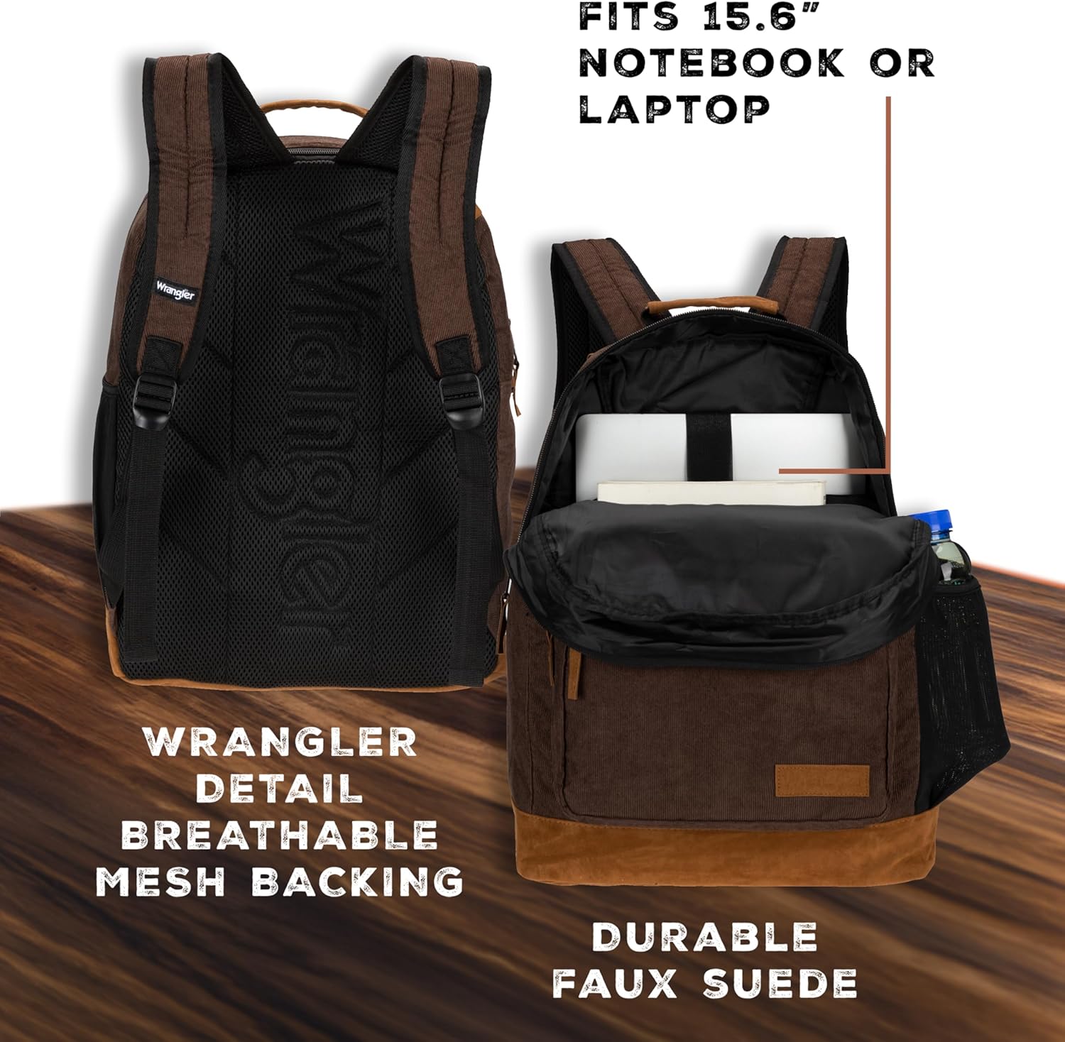 Wrangler Yellowstone Sturdy Backpack for Travel Classic Logo Water Resistant Casual Daypack for Travel with Padded Laptop Notebook Sleeve (Dark Brown Cord) - Image 6