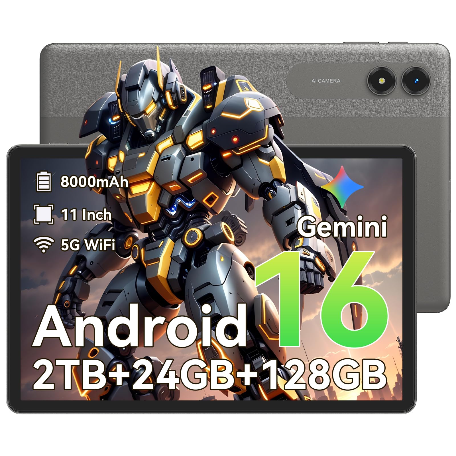 Tablette 11 Pouces Android 16 avec Gemini AI 3.1 Pro, Écran 90Hz, Protection Oculaire TÜV, 24Go RAM+128Go ROM (2To), WiFi 5G, 8000mAh, Tablette Gaming Enfants & Adultes