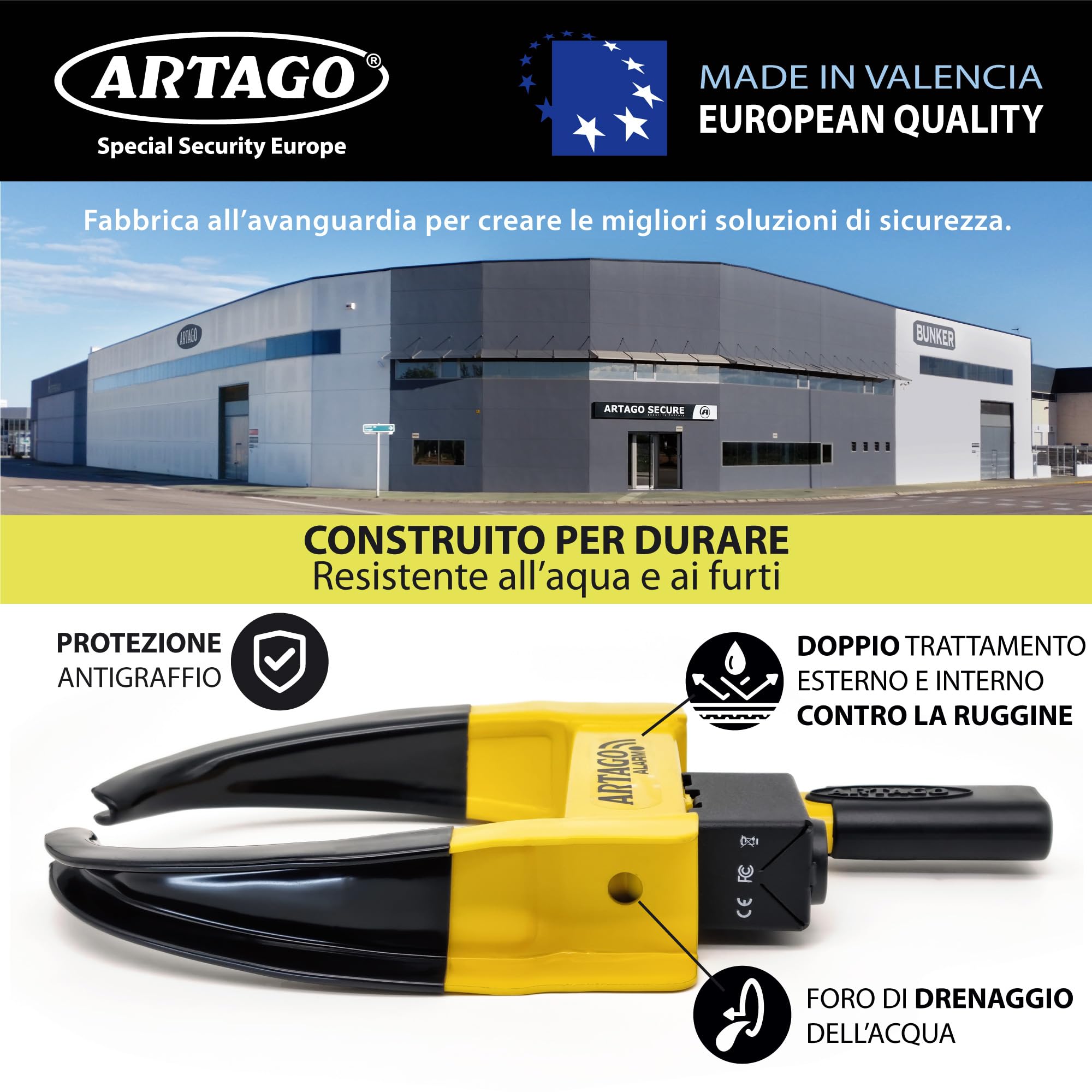 ARTAGO ART872 Il Blocca Ruota Più Sicuro e Deterrente, Antifurto Auto Rimorchio Camper 2in1, Senza/Con Allarme 120dB+LED Avviso Visibile Notte, Doppia Protezione Antiruggine Più Resistente, Universale