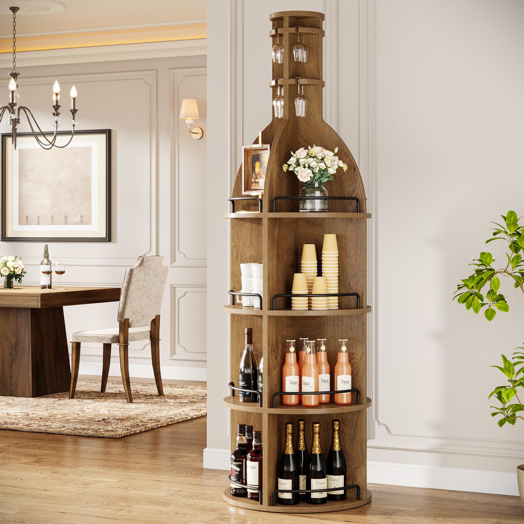 Tribesigns Étagère à Vin avec Tablettes de Rangement, 190 cm Casier à Vin Industriel Rond avec Porte-verres Suspendu, Présentoir à Bouteilles Autoportant pour Salon, Cave, Marron (Sans Éclairage, 1PC)