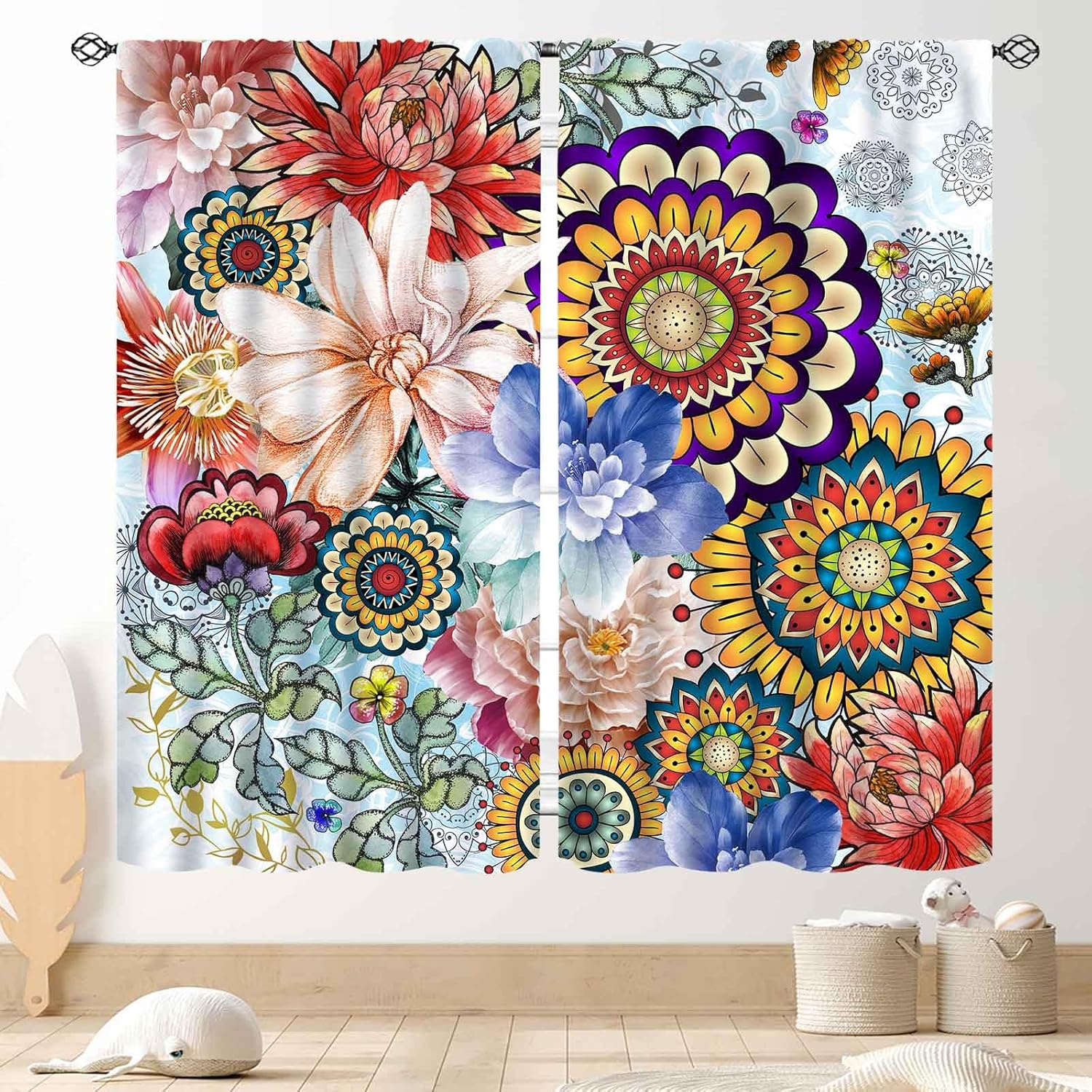 Boho Floral Curtains, Bohemian Mandala Pattern Printed Watercolor Vintage Peony Blossom Colorful Summer Spring Paisley Flower Vintage Window Drape Treatments for Bedroom Living Room, 55"x63" Inch