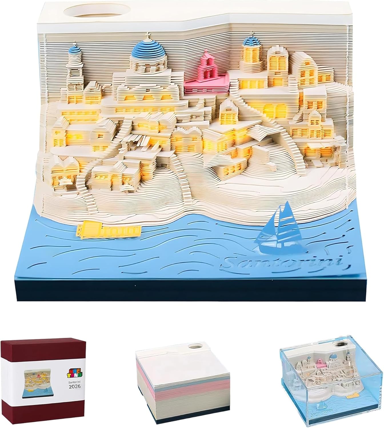 3D Art Calendar Memo Pad 2026, Creative Time Piece Calendar Santorini Rip Away Paper Carving Sticky DIY Note