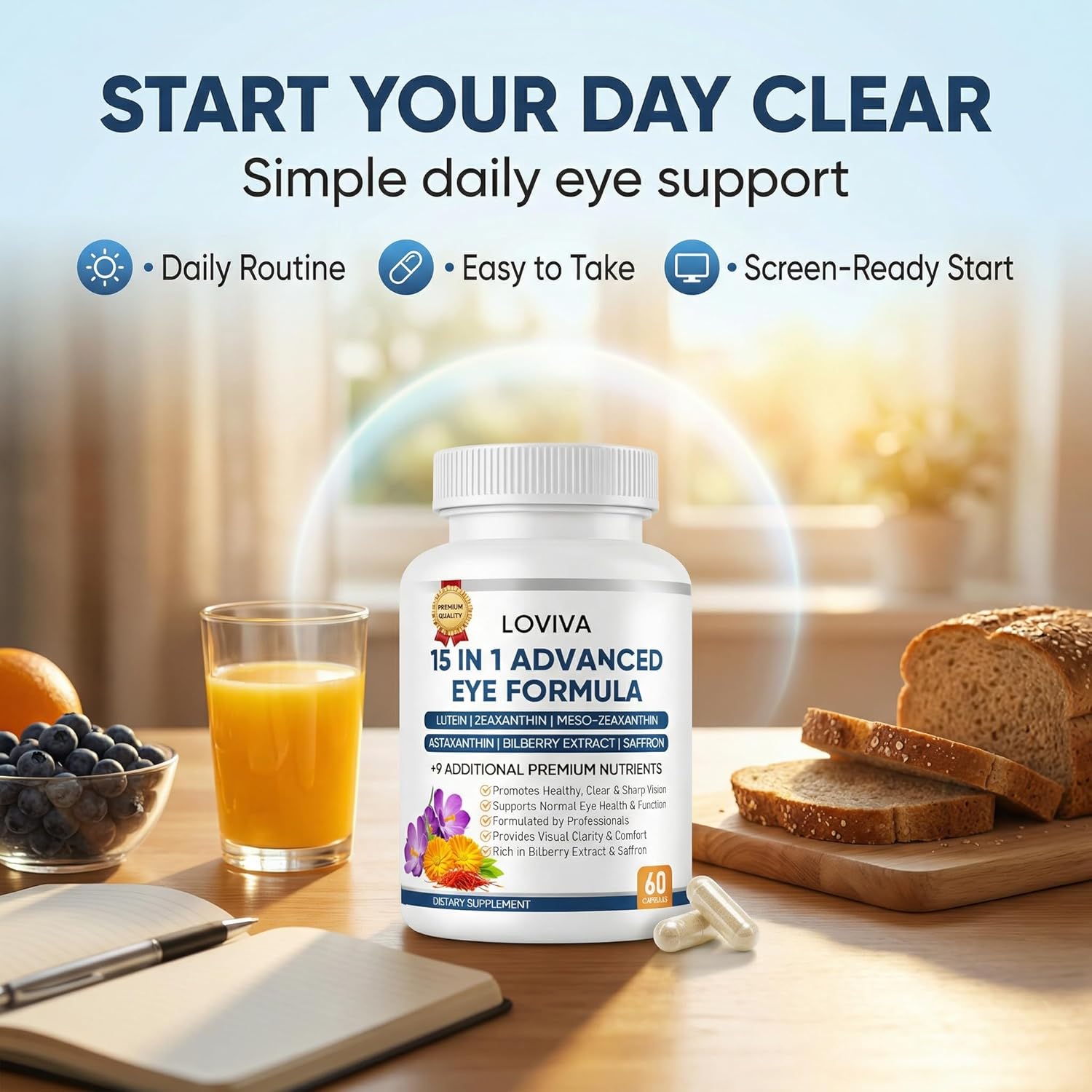 Neurobella 15-in-1 Advanced Eye Formula - Neurobella Eye Formula with Lutein, Carotenoids & Zeaxanthin, Bilberry Extract and Saffron, 60 Capsules