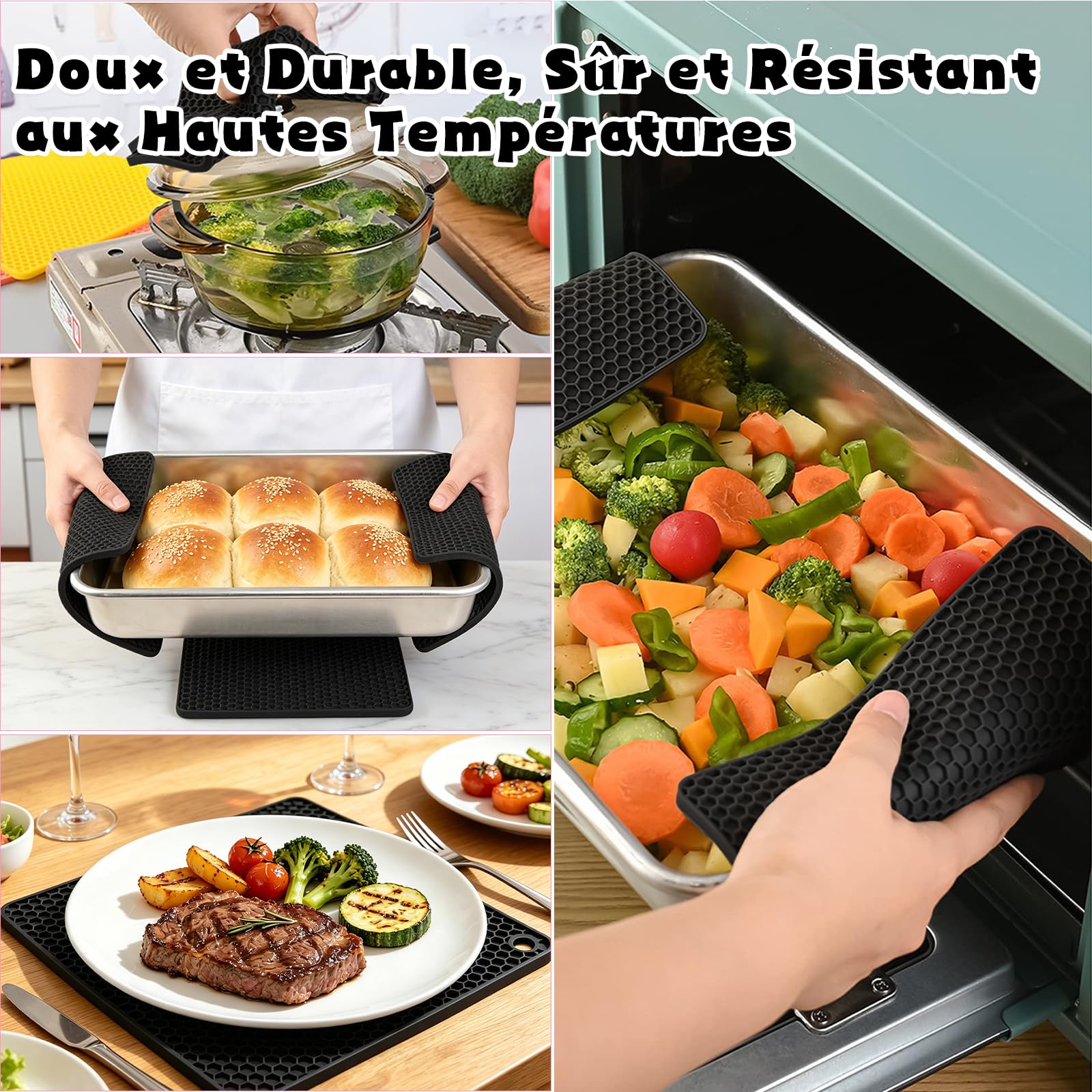 Scettar 4 Pcs Dessous de Plat en Silicone(2 Circulaire+2 Rectangulaire), sous Plat de Table Chaud(Noir), pour Casseroles et Poêles Chaudes, Multi-Usages