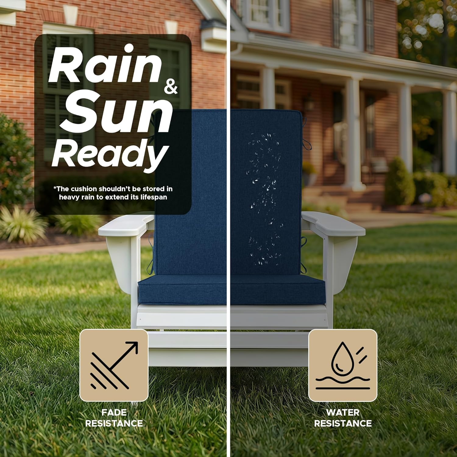 Outdoor Chair Cushions 20x20, Water-Resistant & Fade-Resistant, Patio Furniture Lawn Dining Chair Seat Replacement with High Back, Ties Zipper, Removable Cover, Set of 4, Navy Blue