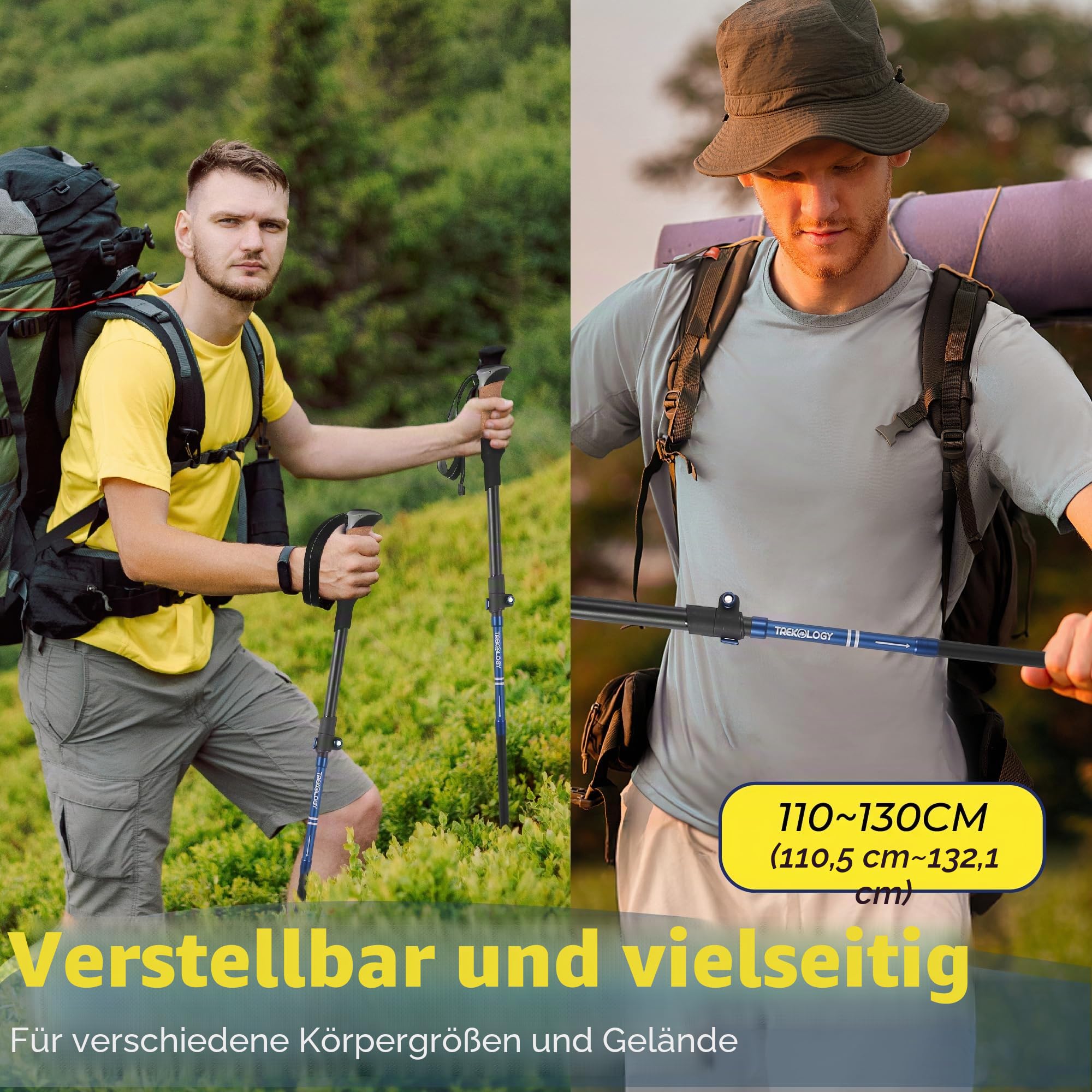 TREKOLOGY Wanderstöcke Faltbar – Leichte, Verstellbare Aluminium Walking Stöcke mit Korkgriffen – Kompakte, Zusammenklappbare Wanderstöcke – 2 Stück – Schwarz, TREKZ SE