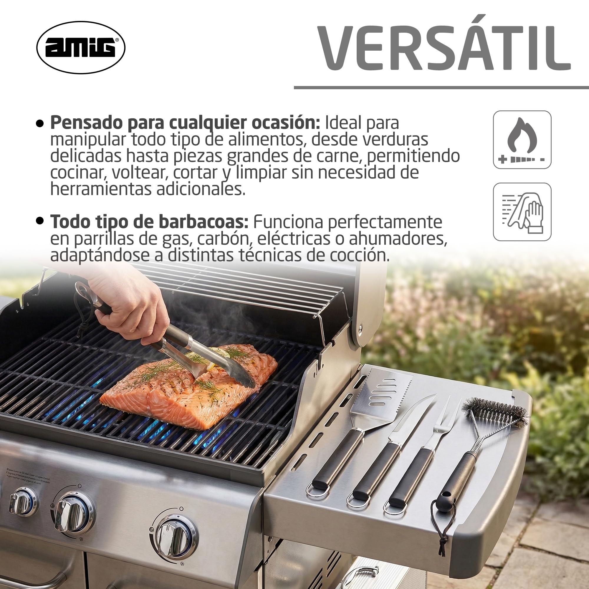 Amig - Maletín de 5 Accesorios para Barbacoa - Acero Inoxidable - Set Completo de Utensilios con Estuche - Accesorios Prácticos y Presentación Cuidada para Regalo - Mod. AM01