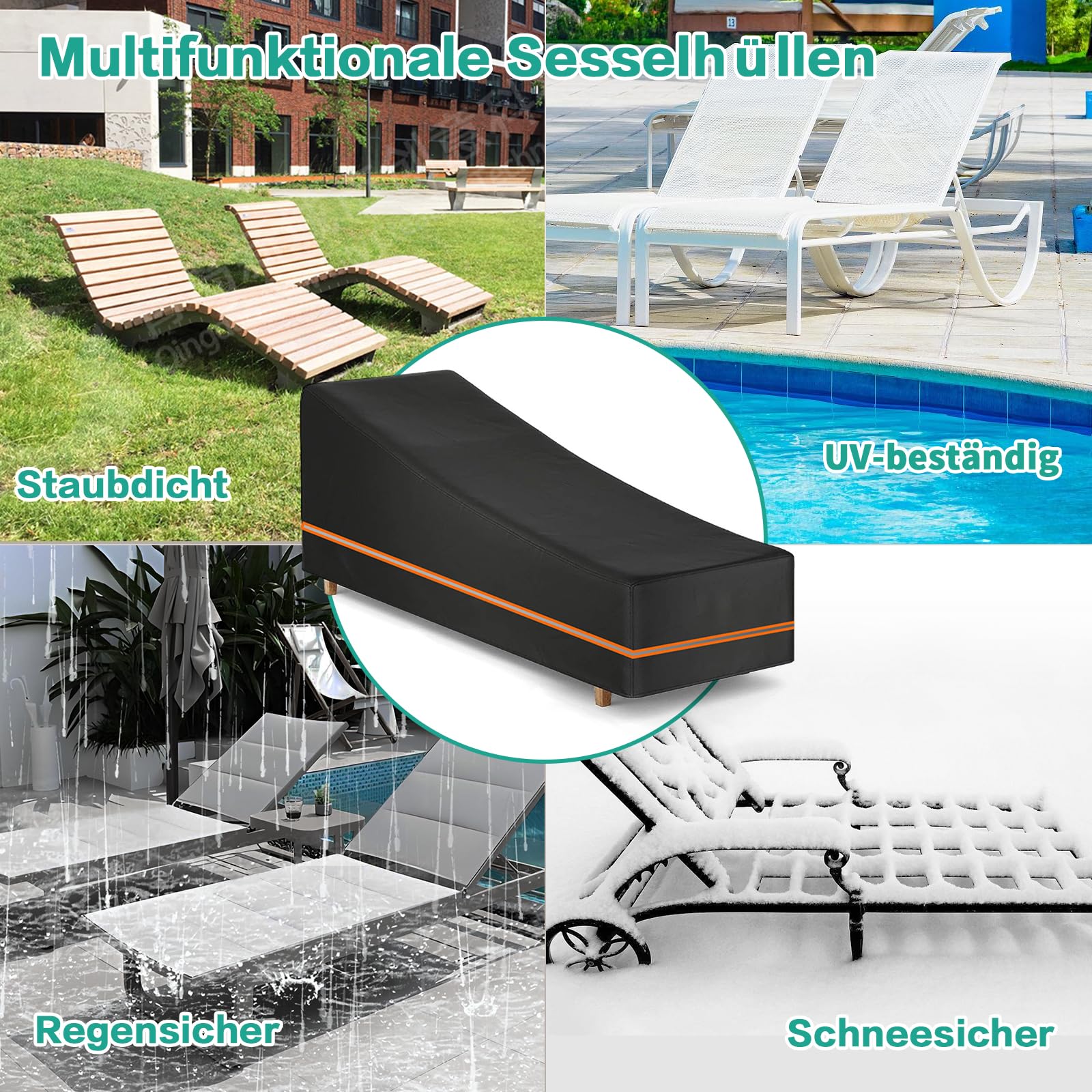 Housse de Chaise Longue Exterieur Imperméable Protection Transat Bain de Soleil Oxford 600D Durable Anti-UV & Résistante aux Intempéries 200x75x40cm