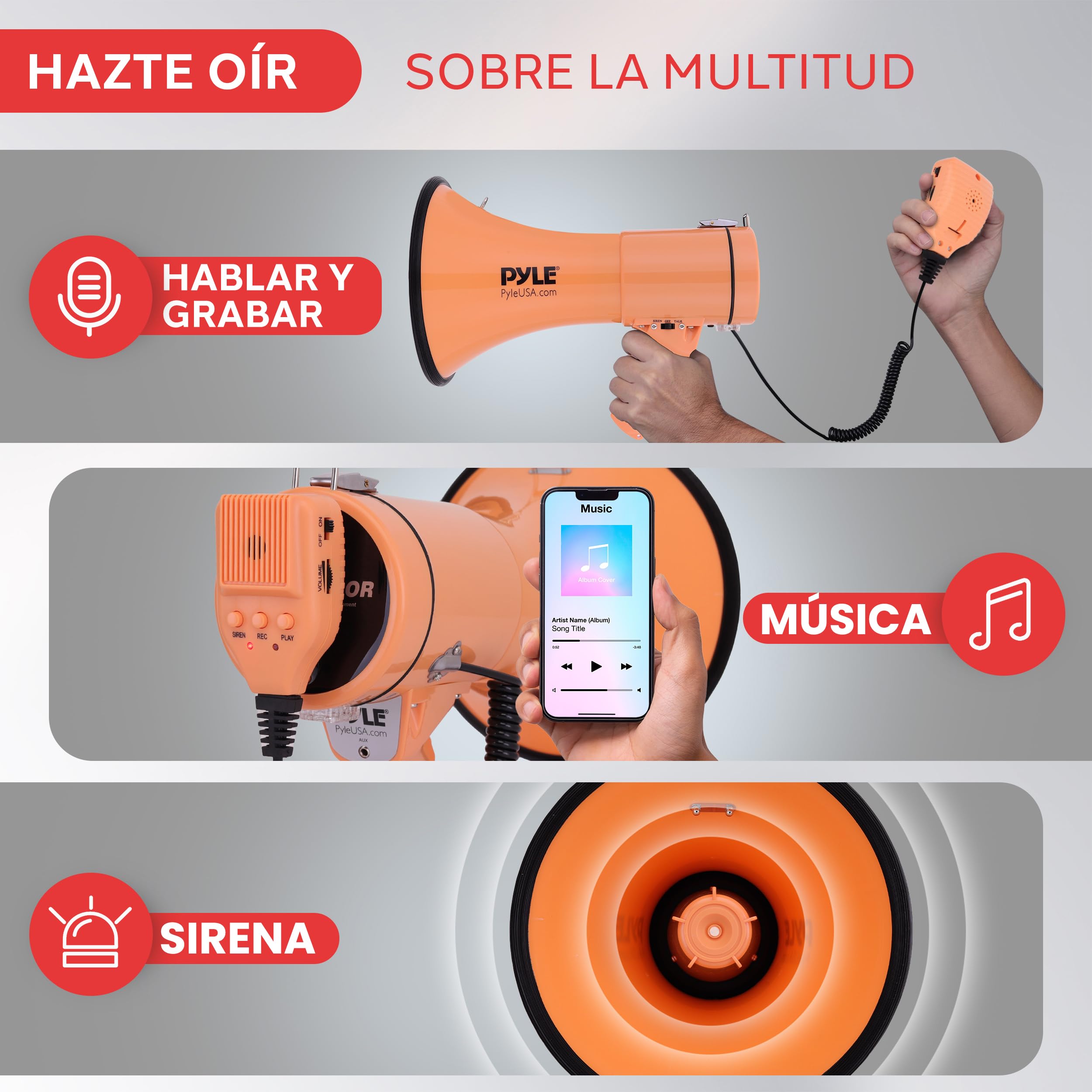 Pyle megafono, Altavoz, Portatil, 50V, Volumen Ajustable, Sirena, Correa para el Hombro, Entrada AUX, Compacto, Ideal para anuncios, Eventos, Deportes y mas - 4