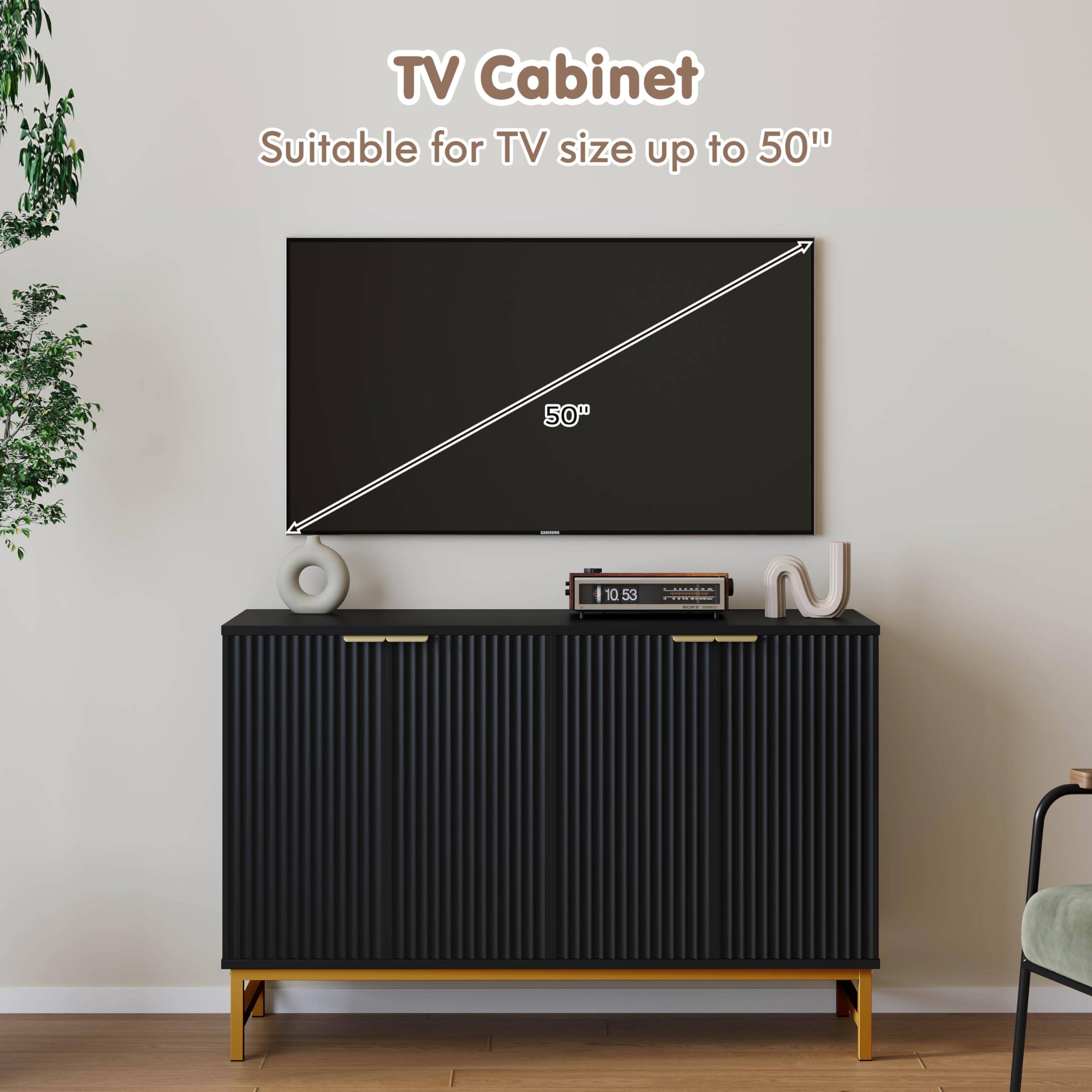 Luoxiao 120 cm Sideboard Buffetschrank mit 4 Türen Holz Kommode Modern Küchenschrank mit Metallbeine Schrank für Wohnzimmer, Esszimmer, Küche, Flur, Büro, Schwarz