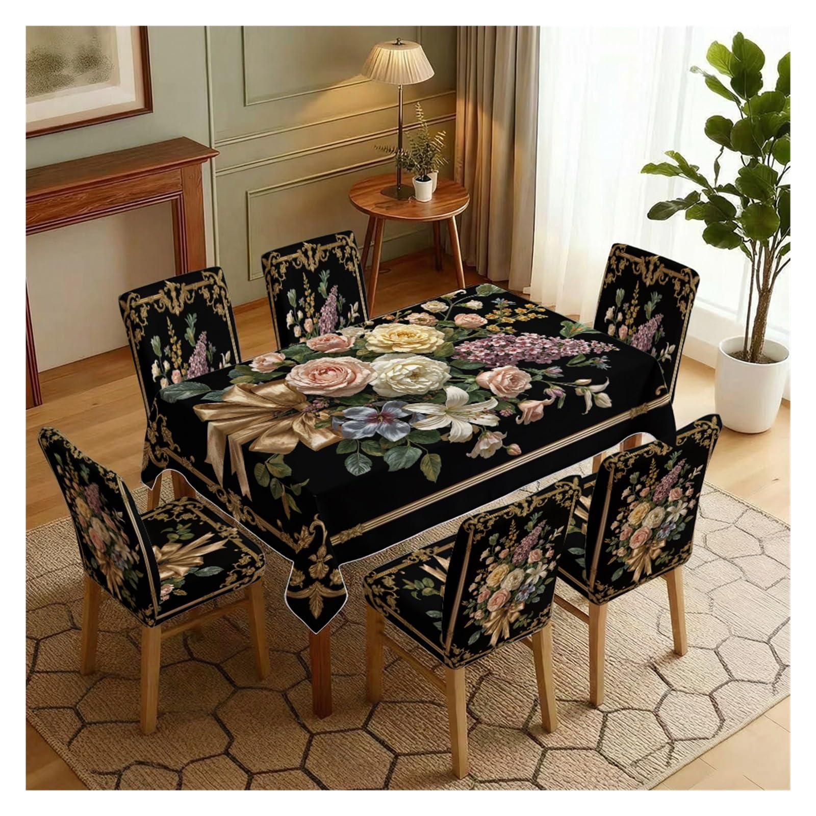 KXUAUV Black Vintage Floral And Gold Ornate Tablecloth And Stretch Chair Covers Set For Luxurious Dining Room Decor 5/7 Pieces Party Decor(7pcs Set: Tablecloth+Chair Covers)