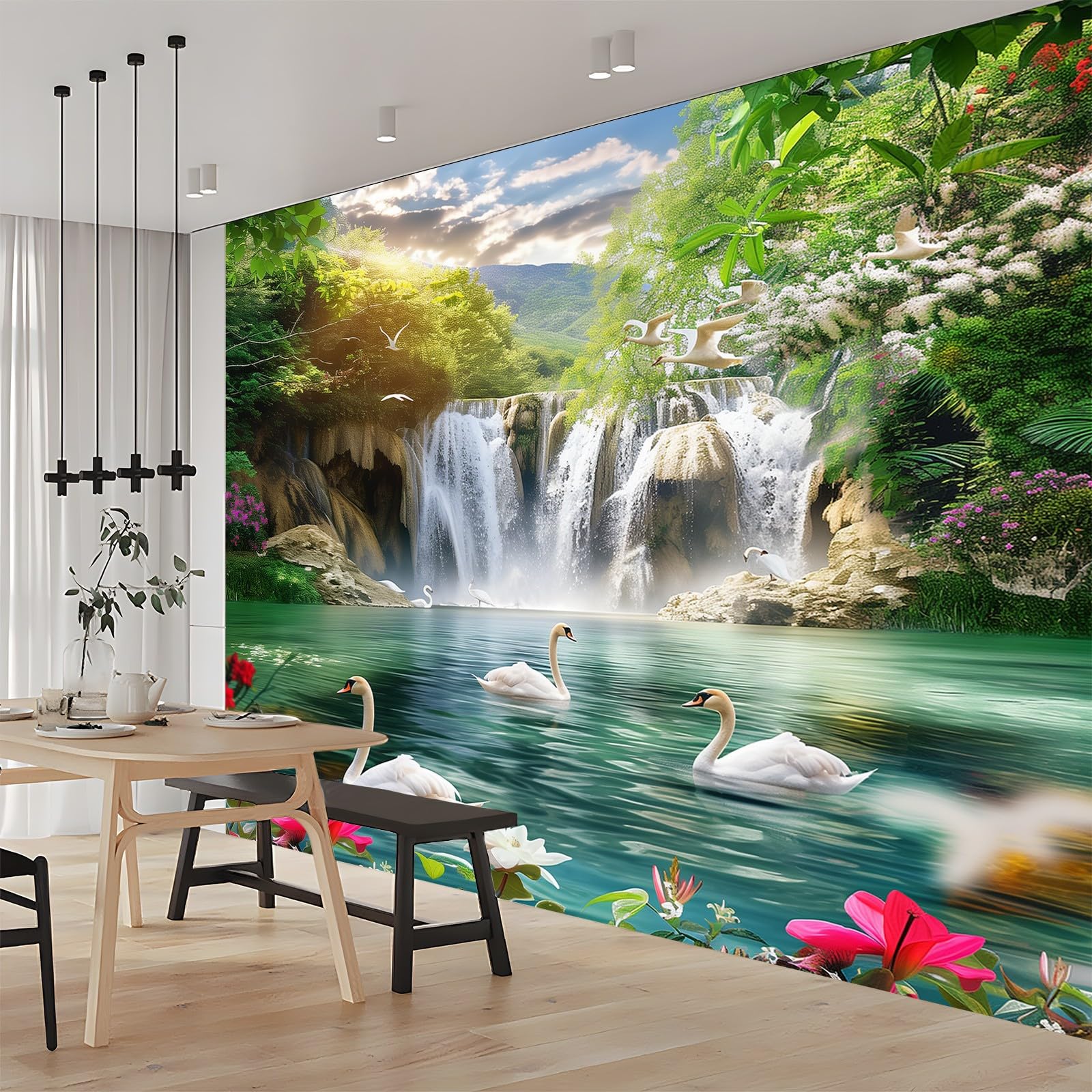 Fototapeta 350 x 256 cm, naturalna łabędzie, wodospady, efekt 3D, tapeta z włókniny, nowoczesna tapeta ścienna, do salonu, sypialni, pokoju dziecięcego, kolorowa, idealna do kuchni i różnych
