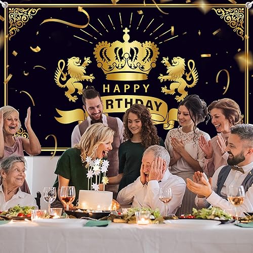 Miniatura 6 de Fondo de corona de cumpleaños de 71 x 43 pulgadas, decoraciones de fiesta de cumpleaños negro y dorado, suministros de fiesta de rey león dorado,