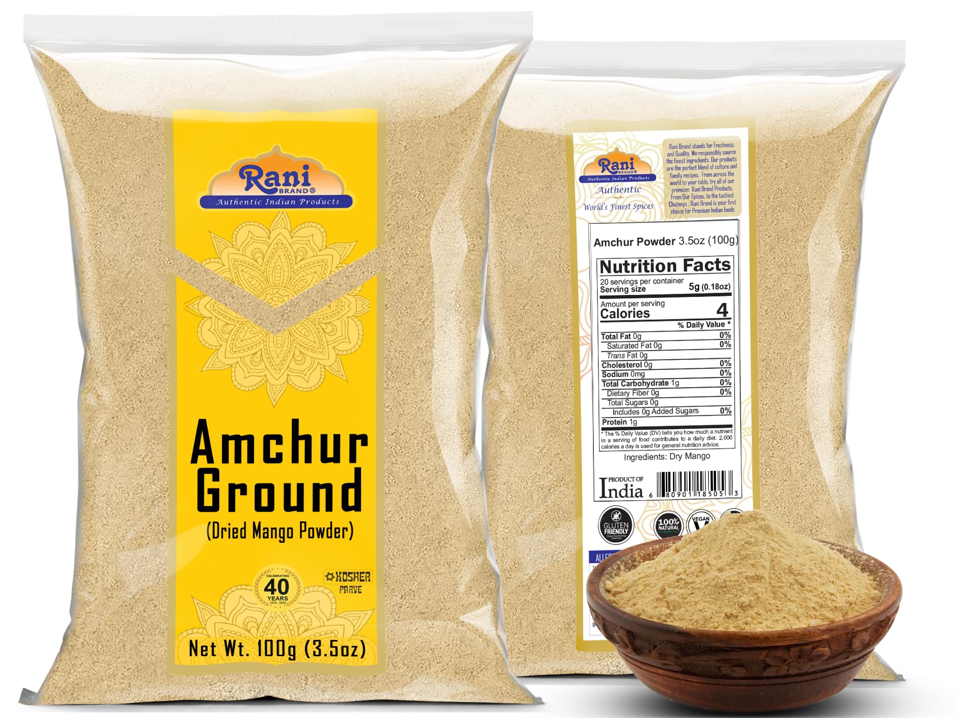 Rani Amchur (Mango) Ground Powder Spice 3.5oz (100g) ~ All Natural, Indian Origin | No Color | Gluten Friendly | Vegan | NON-GMO | Kosher | No Salt or fillers