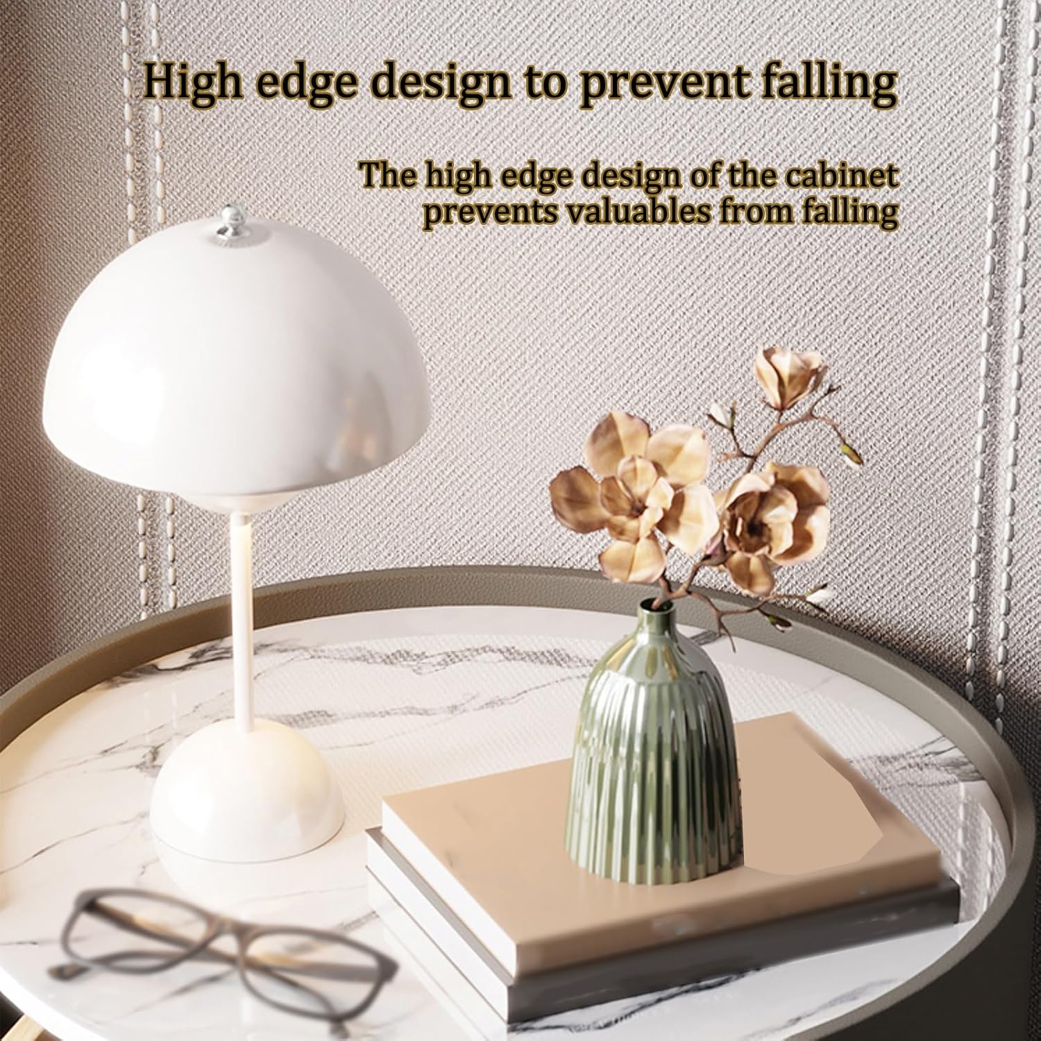 Modern Round Nightstand with Stone Top, Minimalist Bedside Table, Creamy White, 45x45x50CM / 17.7x17.7x19.7IN